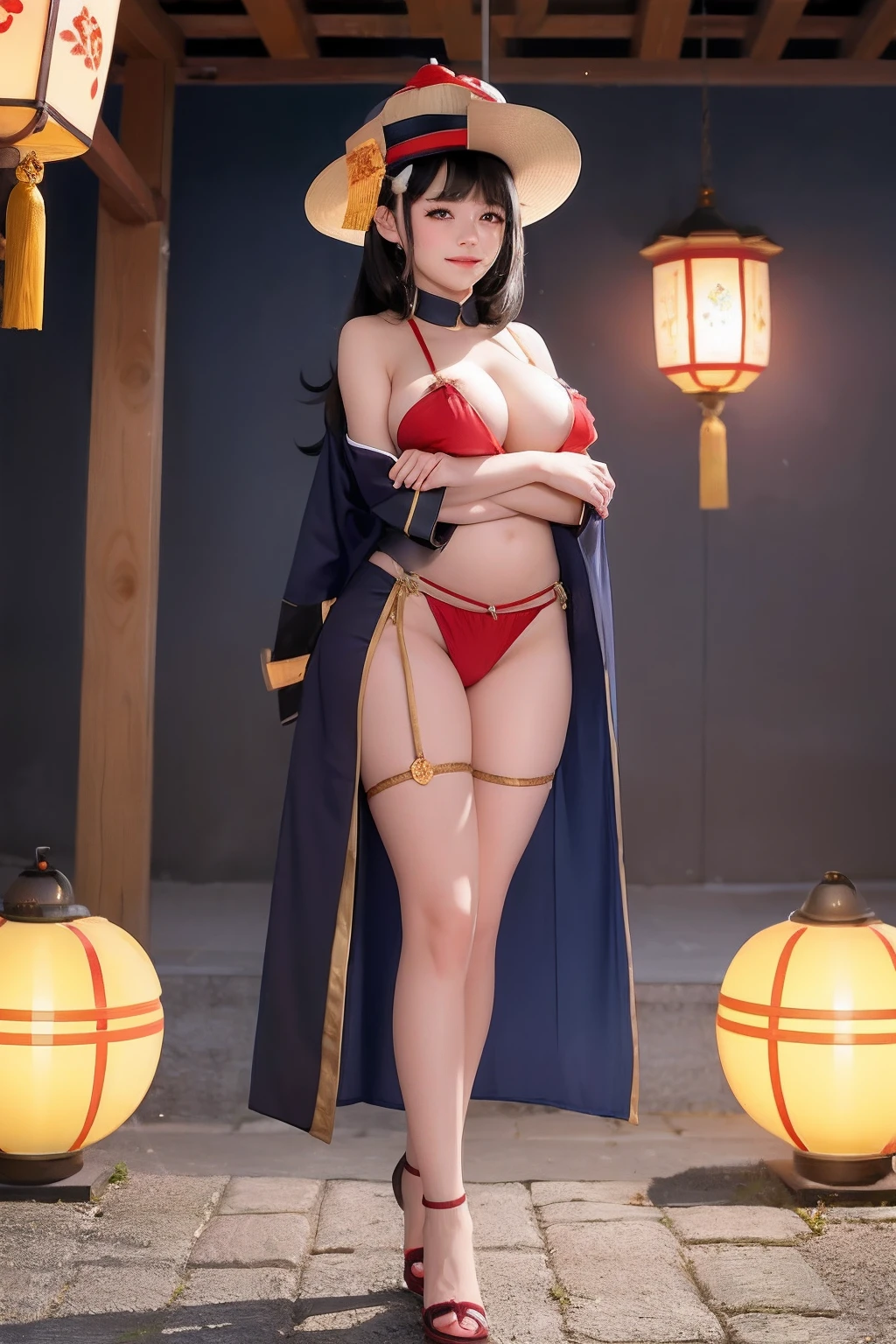 masterpiece,1girl,solo,black hair,underboob, hat, light_smile, ofuda, china dress, crossed arms, full body, outdoors, hanging lantern, night, higashi setsuna,