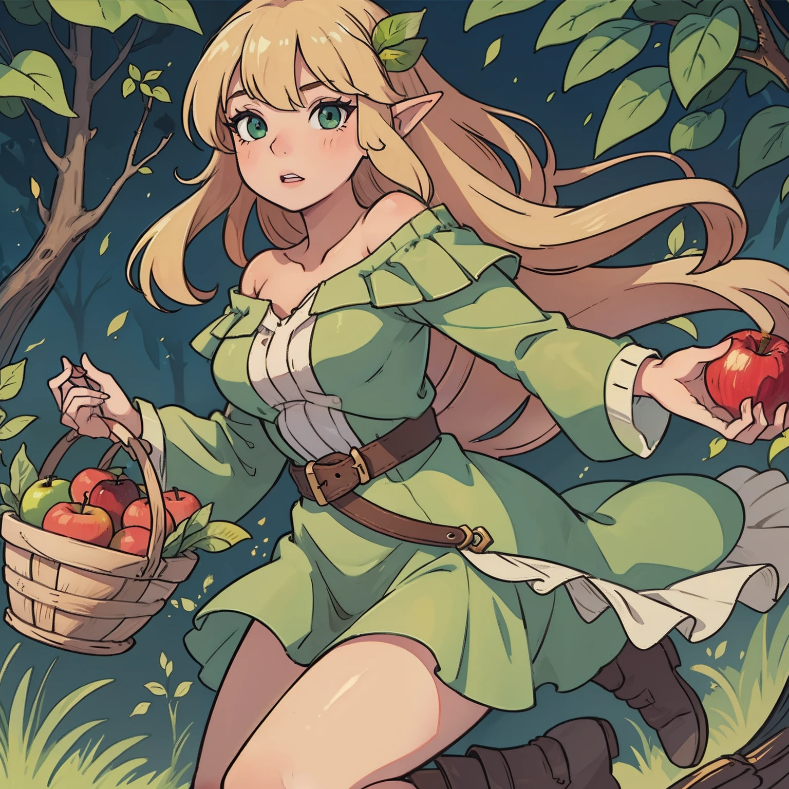 Female, Wood Elf, holding an apple that is cause be eaten on left, hold a Basket of fruits on right,  Green off-shoulder dress, brown leather boots, pointed ears, 172cm, DD-cup, long wavy blonde hair, emerald eyes, hourglass figure, fair skin, no tail, solo, (masterpiece), best quality, perfect face, detailed eyes, detailed face, detailed lips, ulta hd, detailed rendering, stand