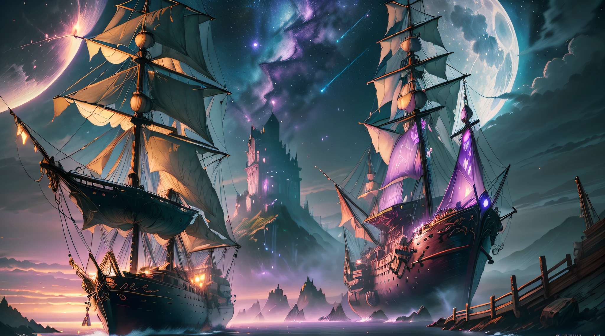 Computer VisualizationGraphics, realistic fantasy, Extensive landscape ultra photography (general view, Shows a huge wooden sailing ship, with deck, 4 Decks, Stern, Hold, + Lots of sails, + Bow, + tanks, + Stern, + 。!.!ut + deck
Horizontal Platform - Deck, fullmoon, nigh sky, Blurred background, Warm, yellow, Purple background, Pink, Warm, Magic, "ultra realistic textures," "accurate detail," "Realistic Still Life," "Realistic portraits," "realistic landscape." watercolor paiting, "Majestic mountain々," "ultra realistic textures," Banksy, Liu Bo Lin, Ansel Adams, Yoshitaka Amano Real Fantasy, Extensive landscape ultra photography, Blurred background, Cool, Turquoise hue, A little purple, airy colors, Magic, "ultra realistic textures," "accurate detail," "Realistic Still Life," "Realistic portraits," "realistic landscape." Illuminated cityscape,「starrysky," "Moonlit landscape," "Night portrait," "long exposure time." 16:9 --ar