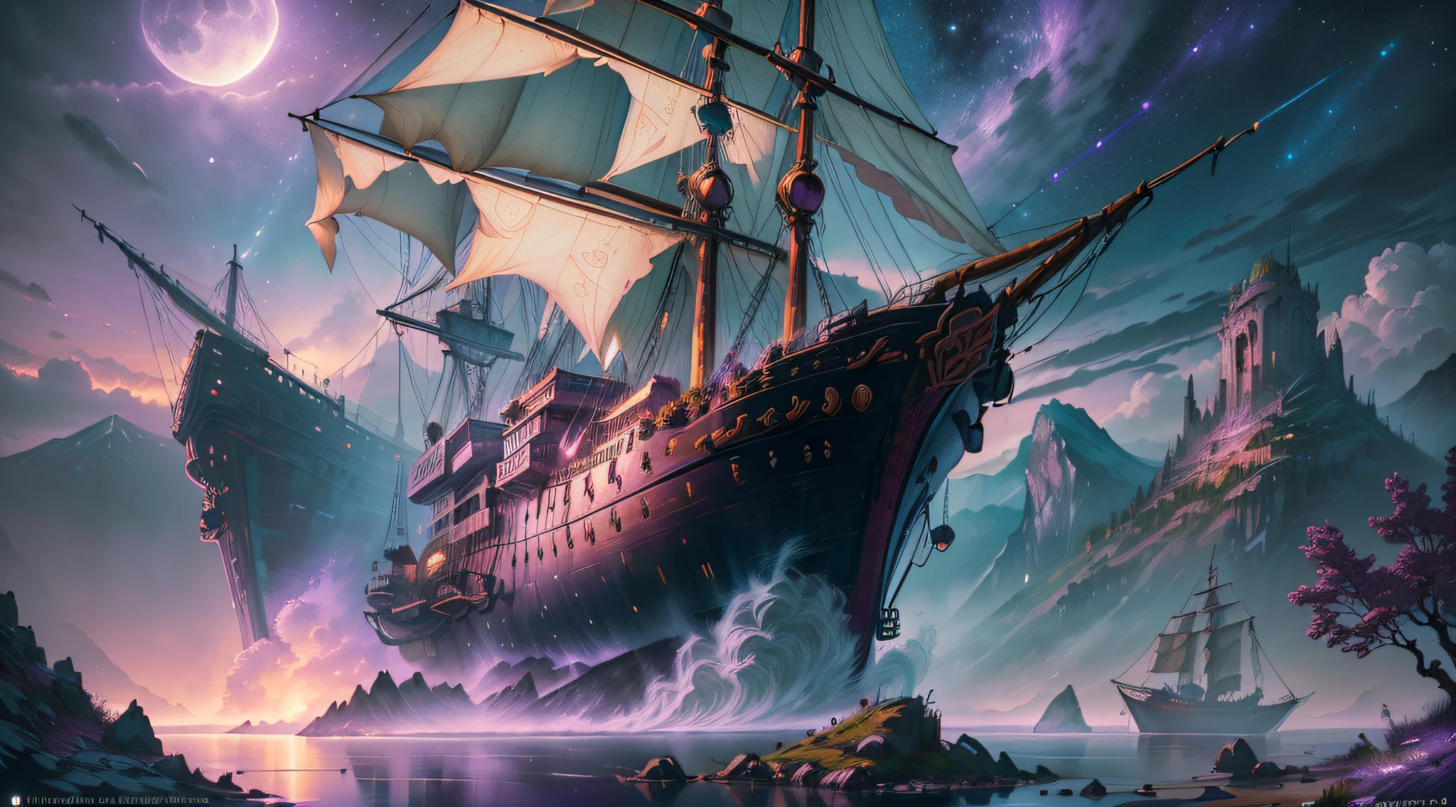 Computer VisualizationGraphics, realistic fantasy, Extensive landscape ultra photography (general view, Shows a huge wooden sailing ship, with deck, 4 Decks, Stern, Hold, + Lots of sails, + Bow, + tanks, + Stern, + 。!.!ut + deck
Horizontal Platform - Deck, fullmoon, nigh sky, Blurred background, Warm, yellow, Purple background, Pink, Warm, Magic, "ultra realistic textures," "accurate detail," "Realistic Still Life," "Realistic portraits," "realistic landscape." watercolor paiting, "Majestic mountain々," "ultra realistic textures," Banksy, Liu Bo Lin, Ansel Adams, Yoshitaka Amano Real Fantasy, Extensive landscape ultra photography, Blurred background, Cool, Turquoise hue, A little purple, airy colors, Magic, "ultra realistic textures," "accurate detail," "Realistic Still Life," "Realistic portraits," "realistic landscape." Illuminated cityscape,「starrysky," "Moonlit landscape," "Night portrait," "long exposure time." 16:9 --ar