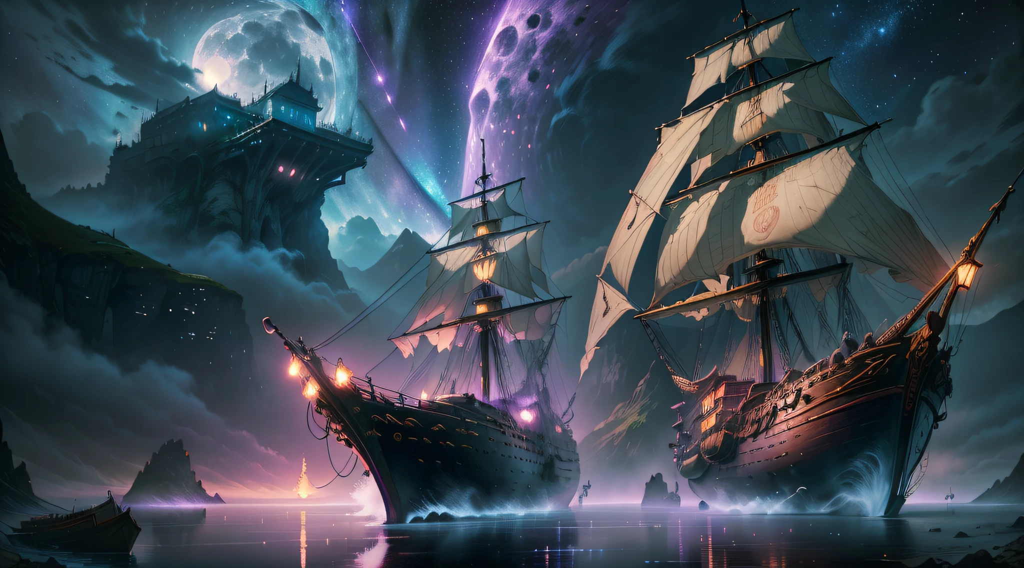 Computer VisualizationGraphics, realistic fantasy, Extensive landscape ultra photography (general view, Shows a huge wooden sailing ship, with deck, 4 Decks, Stern, Hold, + Lots of sails, + Bow, + tanks, + Stern, + 。！.!ut + deck
Horizontal Platform - Deck, fullmoon, nigh sky, Blurred background, Warm, yellow, Purple background, Pink, Warm, Magic, "ultra realistic textures," "accurate detail," "Realistic Still Life," "Realistic portraits," "realistic landscape." watercolor paiting, "Majestic mountain々," "ultra realistic textures," Banksy, Liu Bo Lin, Ansel Adams, Yoshitaka Amano Real Fantasy, Extensive landscape ultra photography, Blurred background, Cool, Turquoise hue, A little purple, airy colors, Magic, "ultra realistic textures," "accurate detail," "Realistic Still Life," "Realistic portraits," "realistic landscape." Illuminated cityscape,「starrysky," "Moonlit landscape," "Night portrait," "long exposure time." 16:9 --ar