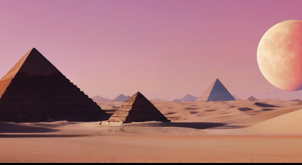 desert, pyramid, cyberpunk, futuristic world, pink moon, two moons,glddrp, scenery shot:1.2,