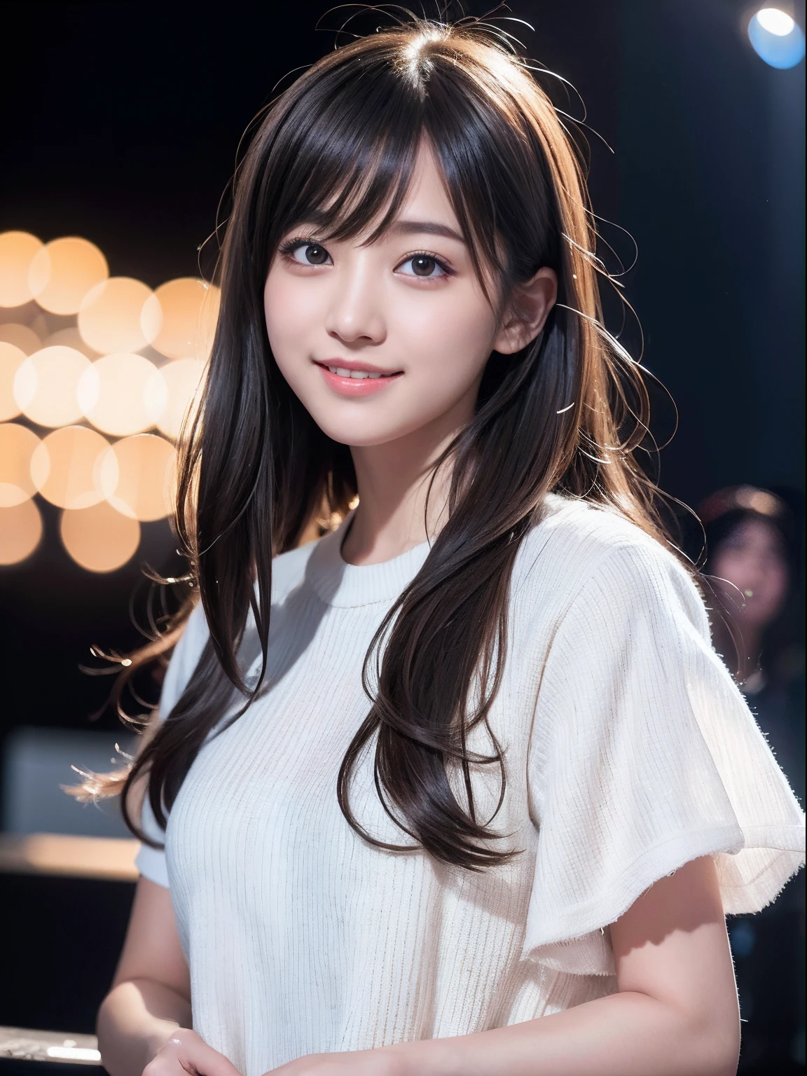 (Raw photography:1.2)、top-quality、a beautiful detailed girl、A smile、extremely detailed eye and face、beatiful detailed eyes、huge filesize、hight resolution、hight resolution、8k wallpaper、finely detail、ighly detailed、Light on the Face、电影灯光、16-year-old girl、(photorealisim:1.4)、illustratio、surrealism、 frombelow、super detailing、​masterpiece、absurderes、Nogizaka48、Indoor Stage Show、no-makeup