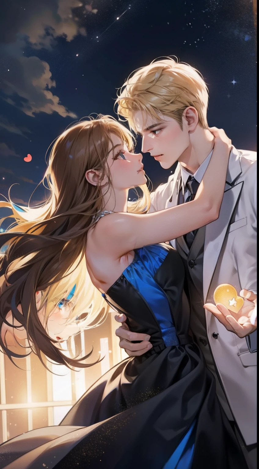 Romantic couple look at each other,blonde-haired boy,Girl with brown hair,glowing stars,Glow effects,Heart-shaped bubbles,the night,On a cruise ship,The face is clear and accurate,detail in face,super-fine,beachside,16K resolution,high qulity,High picture detail,dynamic viewing angle,Detailed pubic hair,Epic shooting,oc rendered, dancing floor, guy in black suit, girl in blue dress. Asian girl, white guy.