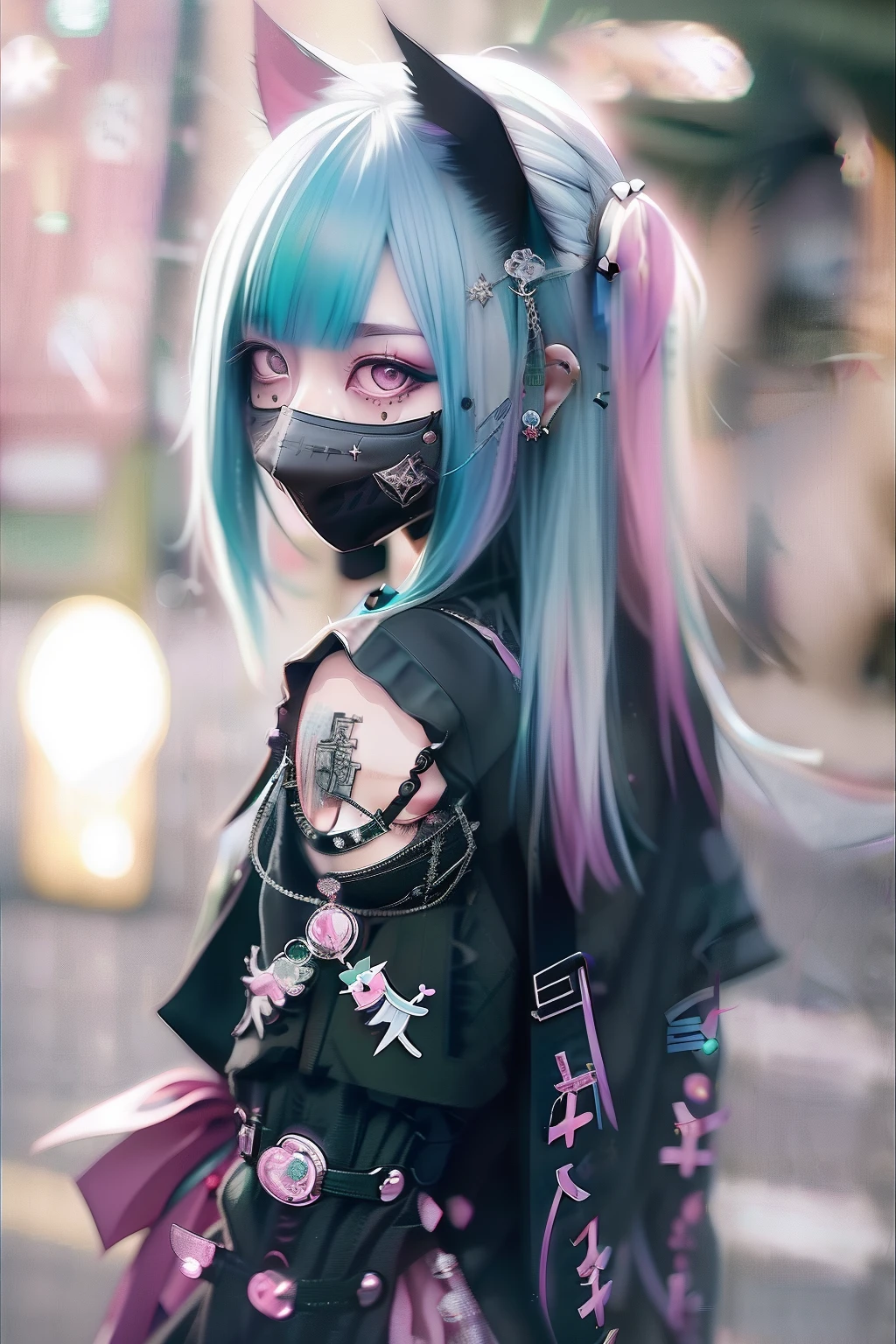 Green hair color、❤️、Pink hair、blue hairs、Colorful Hair Color、goth_punk, 1girl in, 独奏, medium shot, Walking in Harajuku, ((during night)), bokeh dof, Neon light, Iridescent eyes, starrysky, White shiny hair, White eyebrows, Radiant hair, (iridescent white hair), 耳Nipple Ring, bangss, jewely, masks, bluntbangs, verd s eyes, Mouth mask, blurry backround, bblurry, hair adornments, Look at viewers, shorth hair, portraitures, side locks