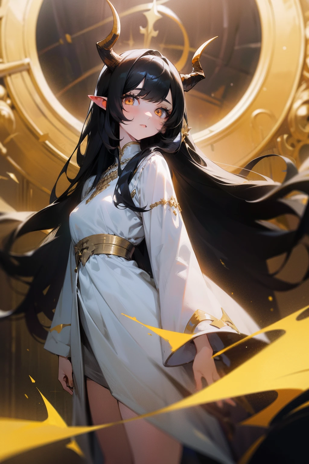 1girl, long black hair, has two horns on its head, gold eyes, wearing a white dress, is standing, high res, 8K, masterpiece, looking at viewer