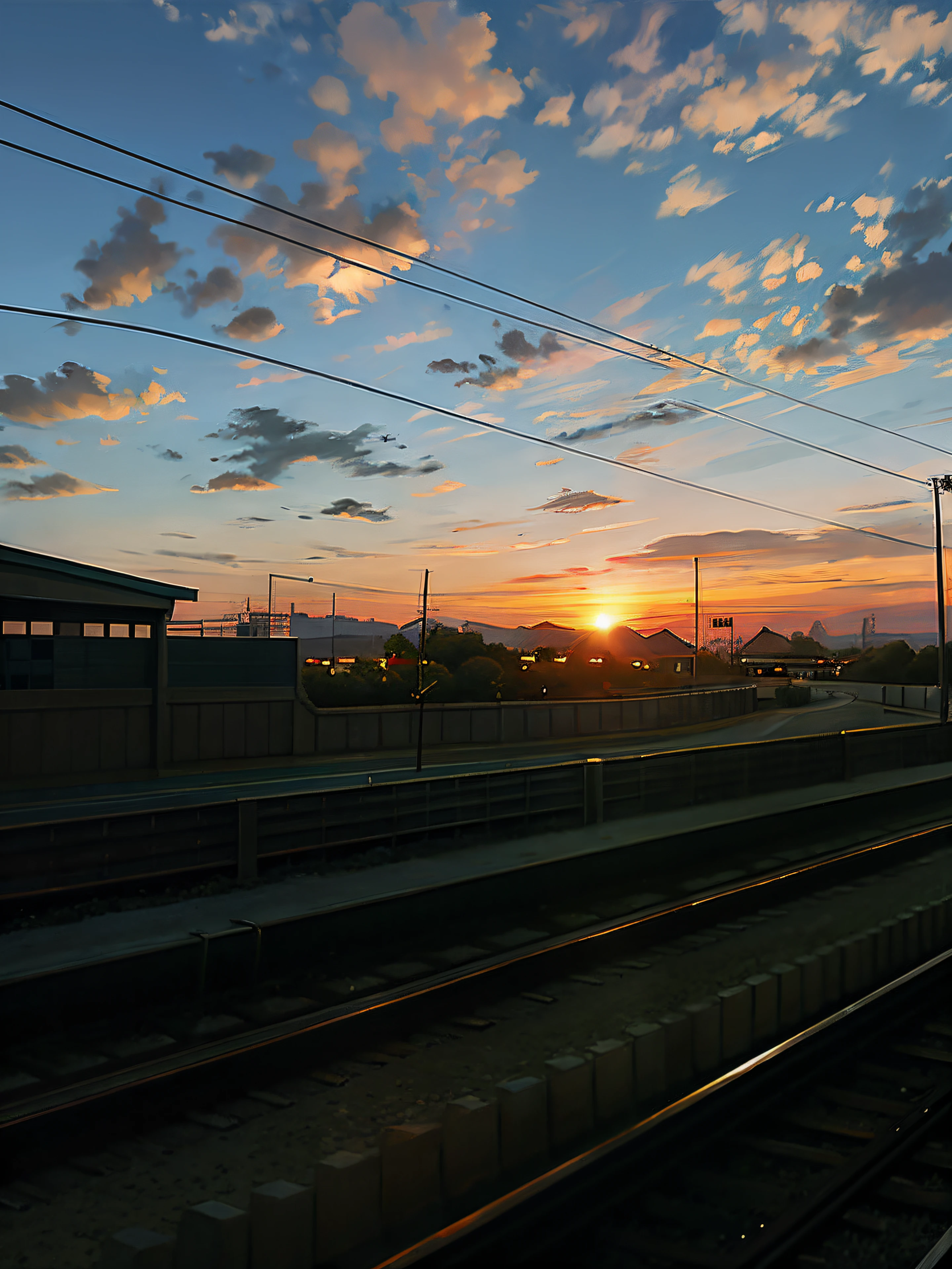 Alafid view of train tracks with sunset as background, Early morning sunrise, the sun up on the sky is strong, beautiful sunrise, The sun is setting, Sunset in the background, Morning sunrise, golden hour in beijing, sun setting in the background, Sunset in the distance, At sunrise, View from the window of the metropolis