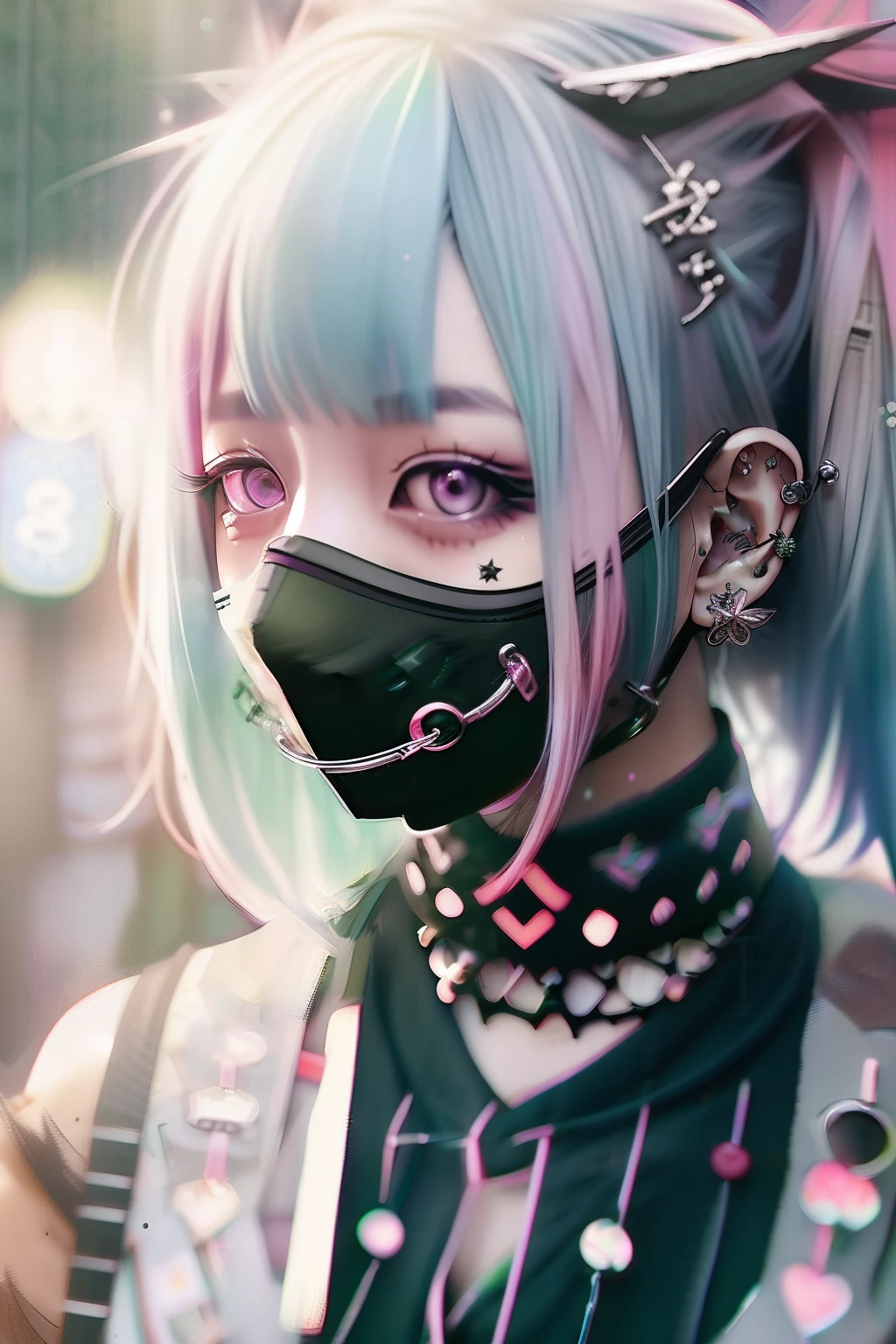 Green hair color、❤️、Pink hair、blue hairs、Colorful Hair Color、goth_punk, 1girl in, 独奏, medium shot, Walking in Harajuku, ((during night)), bokeh dof, Neon light, Iridescent eyes, starrysky, White shiny hair, White eyebrows, Radiant hair, (iridescent white hair), 耳Nipple Ring, bangss, jewely, masks, bluntbangs, verd s eyes, Mouth mask, blurry backround, bblurry, hair adornments, Look at viewers, shorth hair, portraitures, side locks