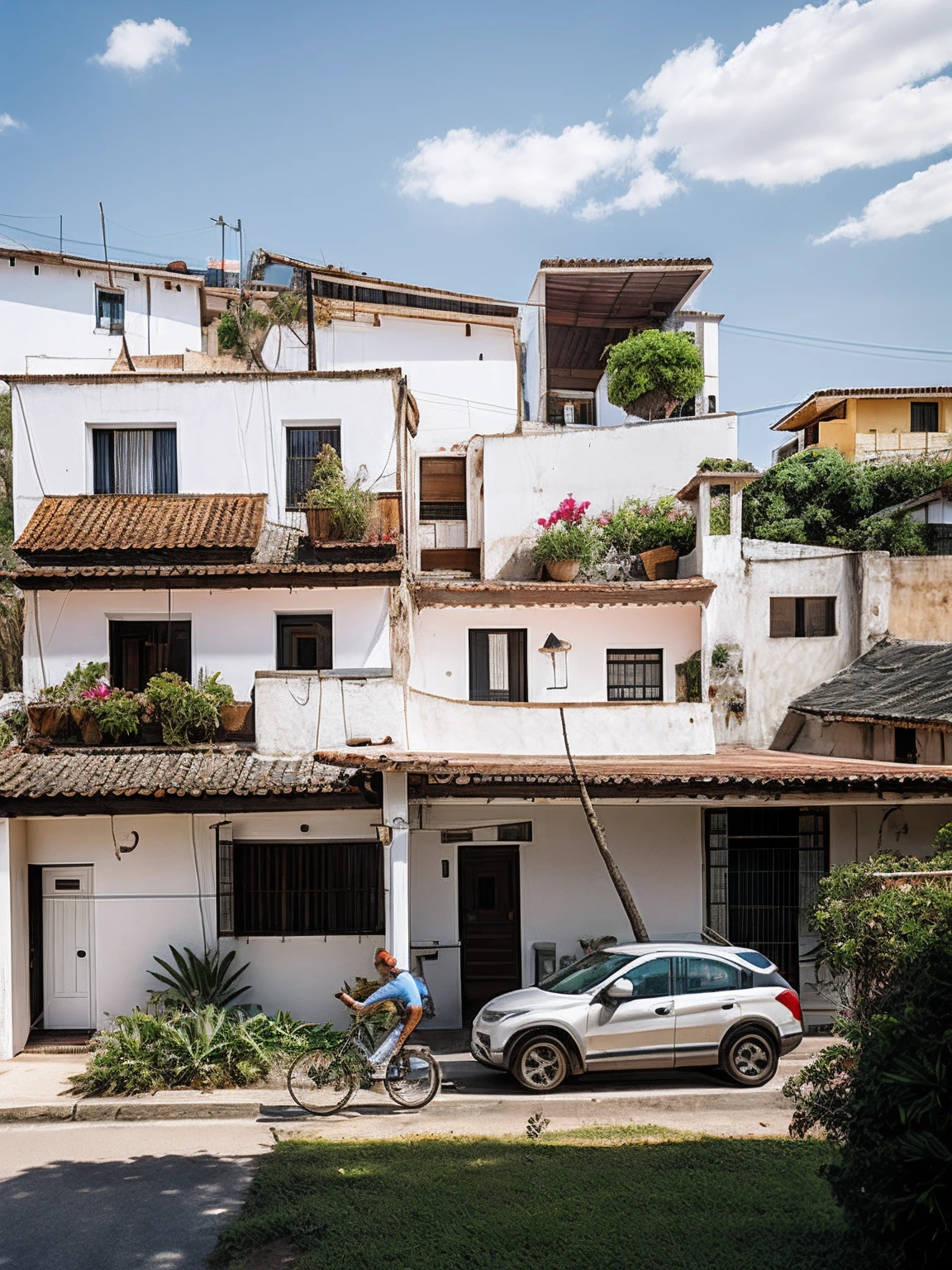 homem andando na rua de bicicleta, Street with sidewalk, pole with underground lighting, Fachada com reboco branco grego, estilo grego, construction with white plaster, portas azuis, alvenaria grega, Afforestation and green roof, tree in front of the house, rua sem carros, pessoas caminhando em frente a casa de reboco branco