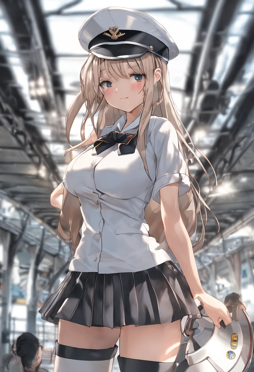 Photorealistic, high resolution, 1 woman, solo, beautiful eyes, looking at viewer, close lips, detailed face. Long whitre hair, big breasts, thin waist, long legs, grown sexy., Perversion is exposed, sailor's hat, big school girl (wearing: sailor uniform, white panties, athletic sneakers) full body photo, front view, nude