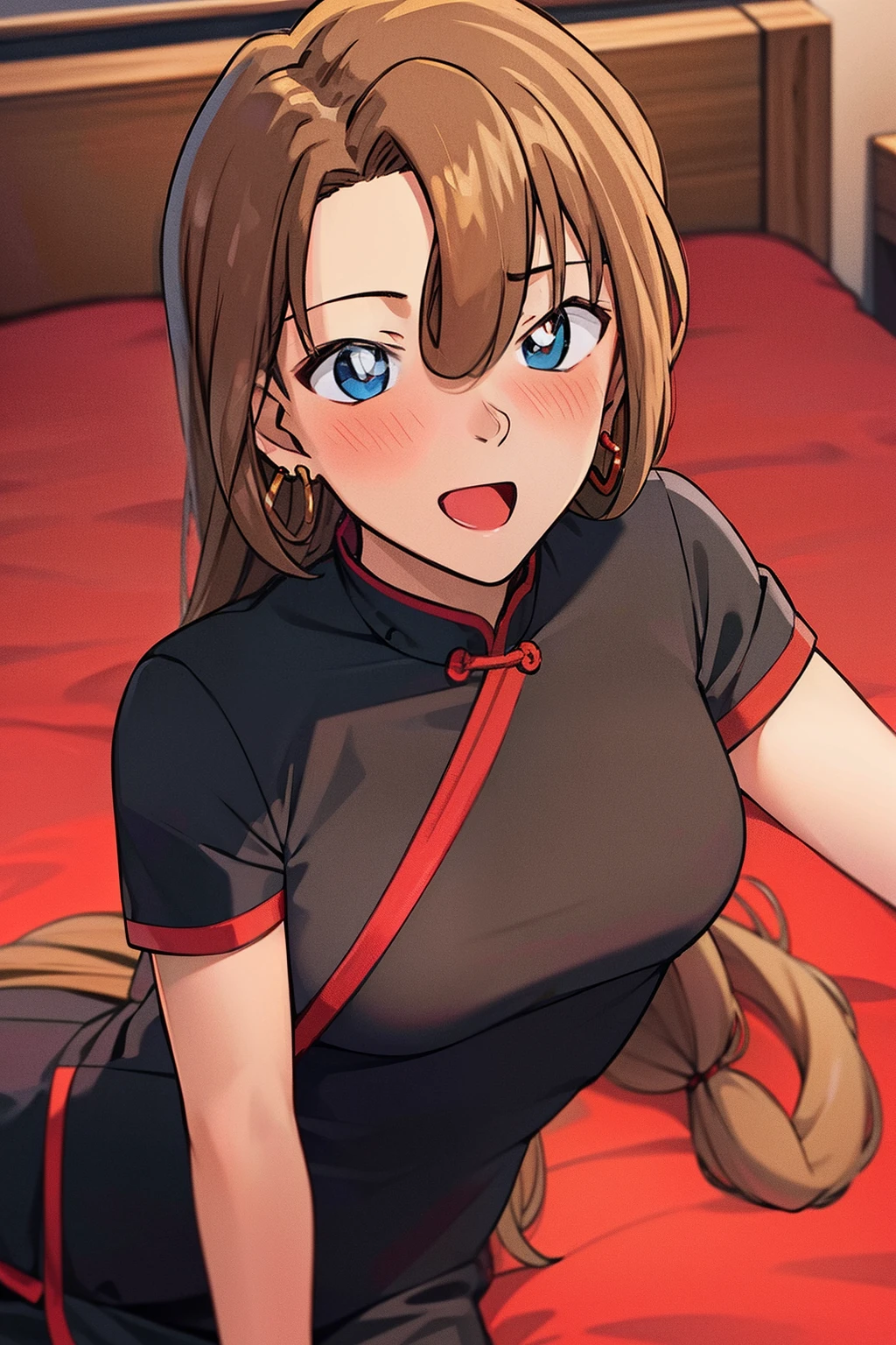 Masterpiece,Best quality,High quality,1girll, Long hair,Medium breasts,nose blush,Black cheongsam，Earrings, Bedrooms，sobu，Lie down in bed，cheerfulness,perspire，Be red in the face，The blush is red，sexyposture