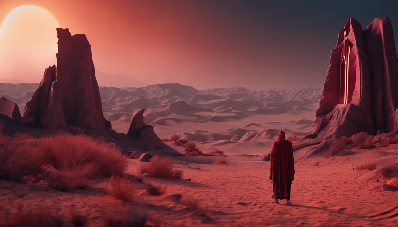 High-definition and detailed picture quality,A mysterious desert,A majestic altar rises,The height of the altar is striking。The sky is dark and mysterious,The moon shimmers red,Illuminates the earth。On the altar stood a priest in a black linen robe,Hands up,The face is covered by robes。Mysterious ruins are scattered throughout the desert。The forces of darkness oppress,Look up at this scene from a first-person perspective。