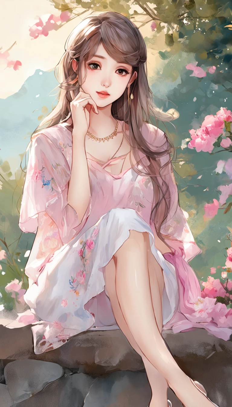 ((From Side)), ((From below)) ((Full body)), ((Realistic)), ((Agurai)), Beautiful young girl, Delicate face, Shy Expressions, low head, Sexy Goddess, Slender Leg, cold light, the night, starrysky, (Long T-shirt, One shoulder, pleatedskirt), (in pink, cyan colors, white colors), Detailed scene, beautiful digital illustrations, detaileds，ultra-detailliert, (best qualtiy，tmasterpiece)