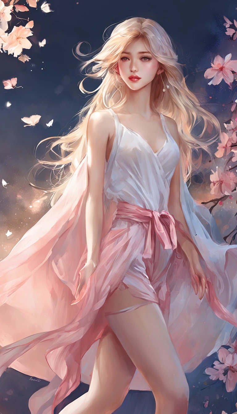 ((From Side)), ((From below)) ((Full body)), ((Realistic)), ((Agurai)), Beautiful young girl, Delicate face, Shy Expressions, low head, Sexy Goddess, Slender Leg, cold light, the night, starrysky, (Long T-shirt, One shoulder, pleatedskirt), (in pink, cyan colors, white colors), Detailed scene, beautiful digital illustrations, detaileds,ultra-detailliert, (best qualtiy,tmasterpiece)