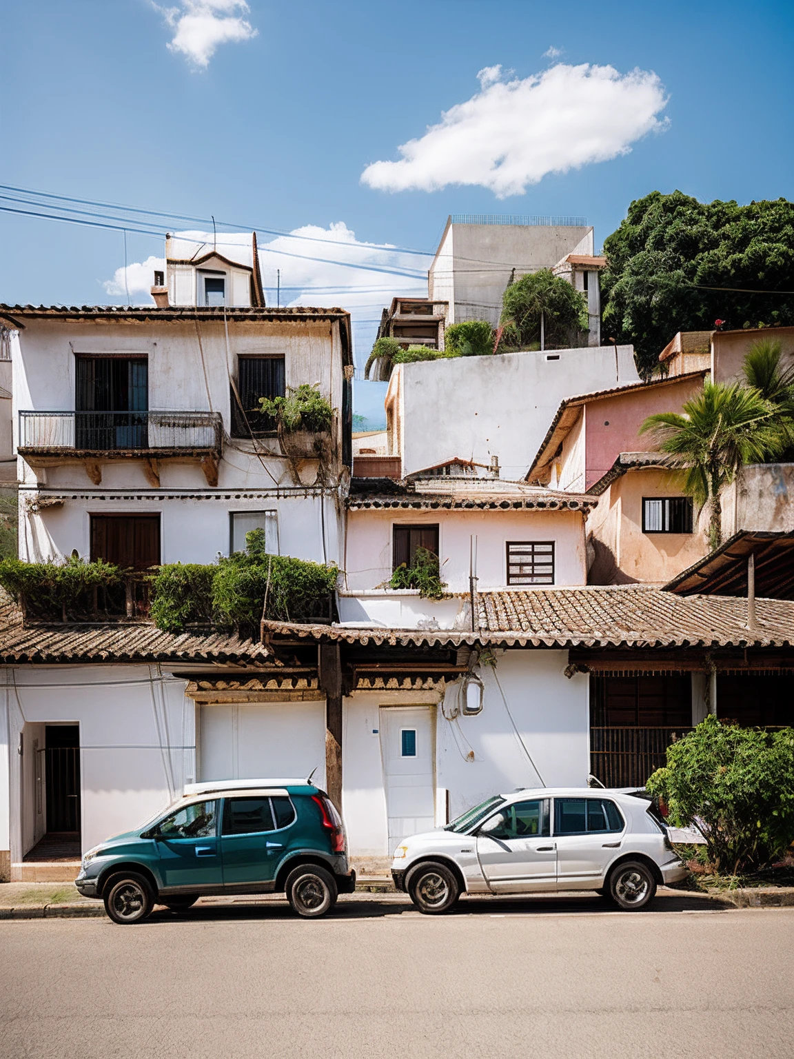 homem andando na rua de bicicleta, Street with sidewalk, pole with underground lighting, Fachada com reboco branco grego, estilo grego, construction with white plaster, portas azuis, alvenaria grega, Afforestation and green roof, tree in front of the house, rua sem carros, pessoas caminhando em frente a casa de reboco branco