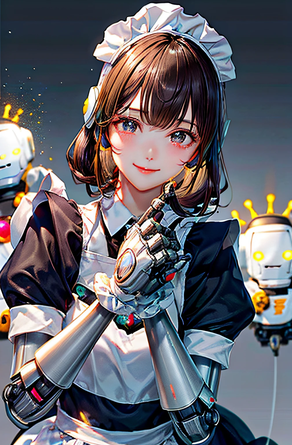 Cybernetic arm and glowing robot cyber girl,(Sheer and revealing costumes:1.3, ),(Maid robot cyber girl in fluffy maid clothes:1.3), (Robot shining behind:1.3),Powerful maid robot working in a robot factory,Glossy light brown and orange striped shorthair,Cute smile,Perfect round face,A cheerful smile that makes the viewer happy,Proper body proportion,masutepiece,Super high-quality output images,hight resolution,Intricate details,Hair fluttering in a very delicate and beautiful wind,photos realistic,Dreamy,Professional Lighting,realistic shadow,Solo Focus,Beautiful hands,Beautiful fingers,Detailed finger features,detailed clothes features,Detailed hair features,detailed facial features,