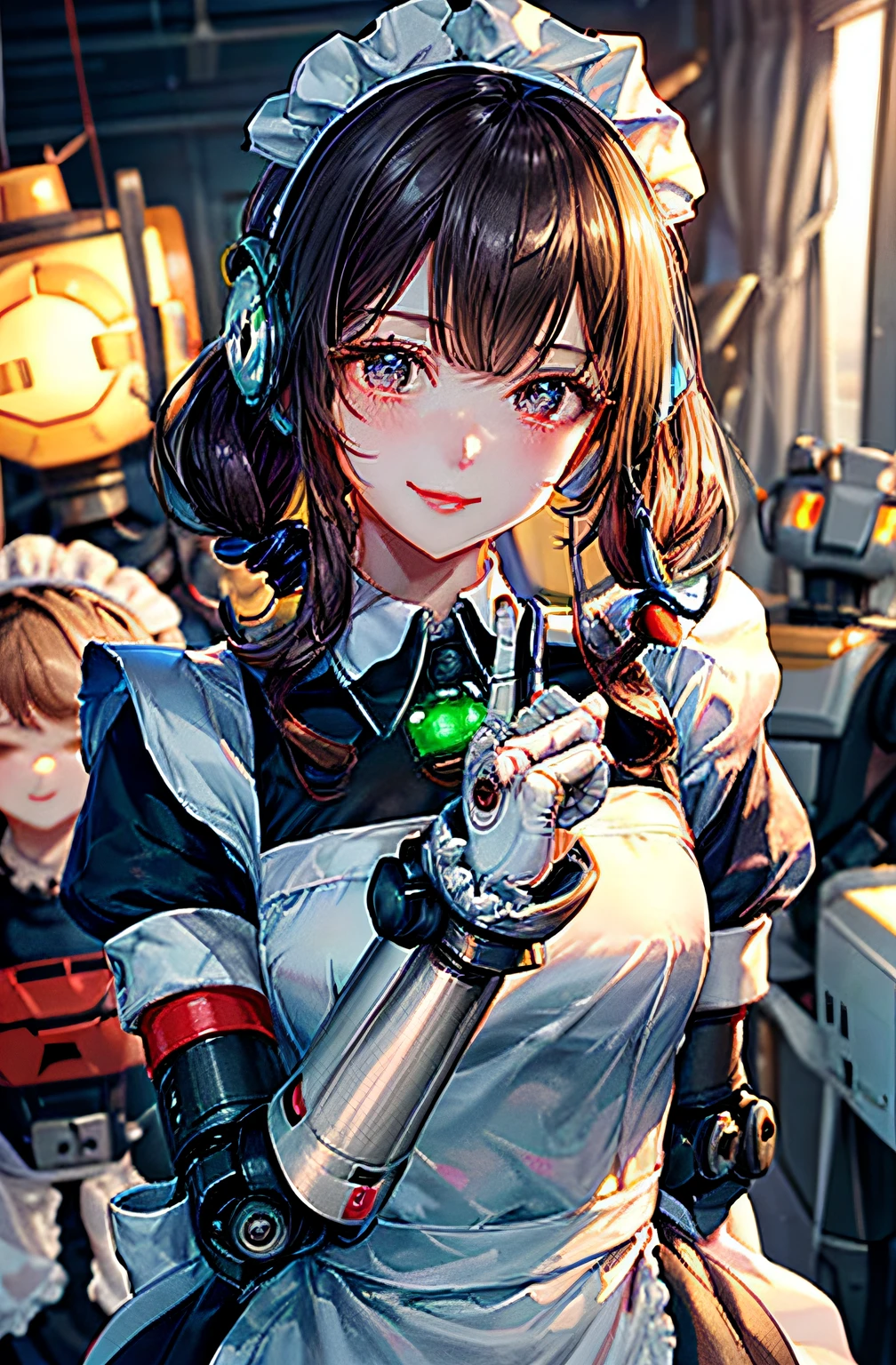 Cybernetic arm and glowing robot cyber girl,(Sheer and revealing costumes:1.3, ),(Maid robot cyber girl in fluffy maid clothes:1.3), (Robot shining behind:1.3),Powerful maid robot working in a robot factory,Glossy light brown and orange striped shorthair,Cute smile,Perfect round face,A cheerful smile that makes the viewer happy,Proper body proportion,masutepiece,Super high-quality output images,hight resolution,Intricate details,Hair fluttering in a very delicate and beautiful wind,photos realistic,Dreamy,Professional Lighting,realistic shadow,Solo Focus,Beautiful hands,Beautiful fingers,Detailed finger features,detailed clothes features,Detailed hair features,detailed facial features,