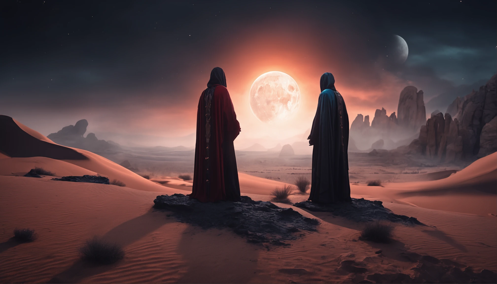 High-definition and detailed picture quality，A mysterious desert，A majestic altar rises，The height of the altar is striking。The sky is dark and mysterious，The moon shimmers red，Illuminates the earth。On the altar stood a priest in a black linen robe，Hands up，The face is covered by robes。Mysterious ruins are scattered throughout the desert。The forces of darkness oppress，Look up at this scene from a first-person perspective。