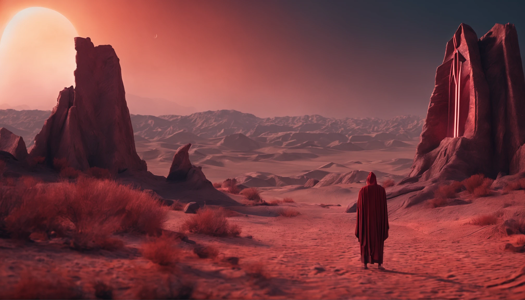 High-definition and detailed picture quality,A mysterious desert,A majestic altar rises,The height of the altar is striking。The sky is dark and mysterious,The moon shimmers red,Illuminates the earth。On the altar stood a priest in a black linen robe,Hands up,The face is covered by robes。Mysterious ruins are scattered throughout the desert。The forces of darkness oppress,Look up at this scene from a first-person perspective。