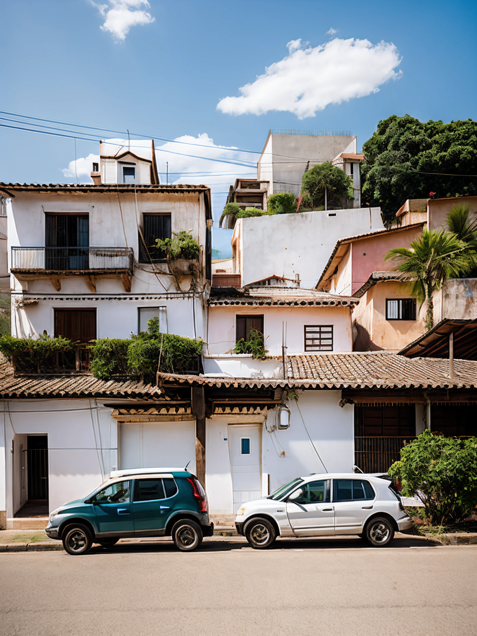 homem andando na rua de bicicleta, Street with sidewalk, pole with underground lighting, Fachada com reboco branco grego, estilo grego, construction with white plaster, portas azuis, alvenaria grega, Afforestation and green roof, tree in front of the house, rua sem carros, pessoas caminhando em frente a casa de reboco branco