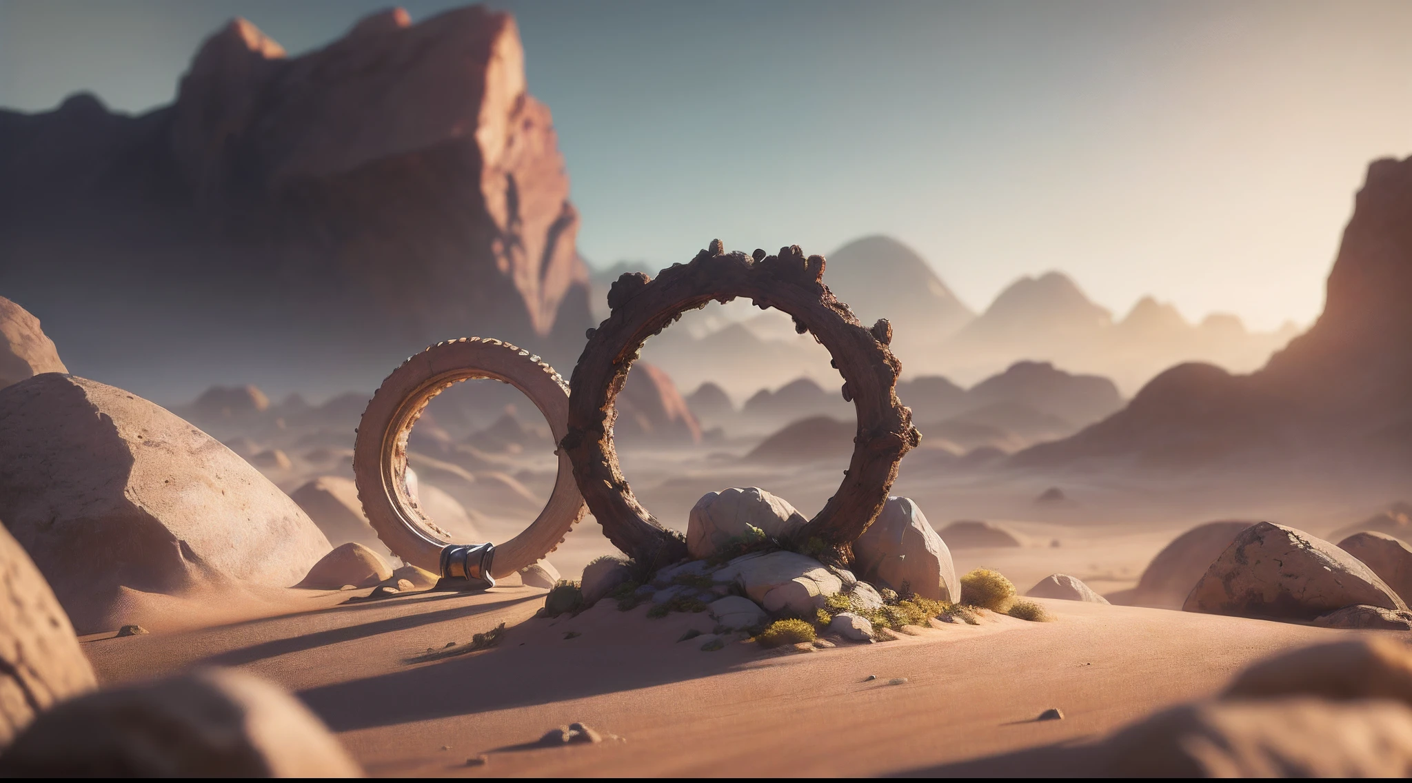 Fantasy Desert, Desert Mountain, Halo ring (Masterpiece, Best Quality, High Quality, Highres:1.4), Detailed, Extremely Detailed, Ambient Soft Lighting, 4K,Blurry, Blurry Background, Depth of Field, Bokeh, DOF, Fog, Bloom Outdoors, (Nature, fantasy Desert:1.2), (Rocks:1.2),