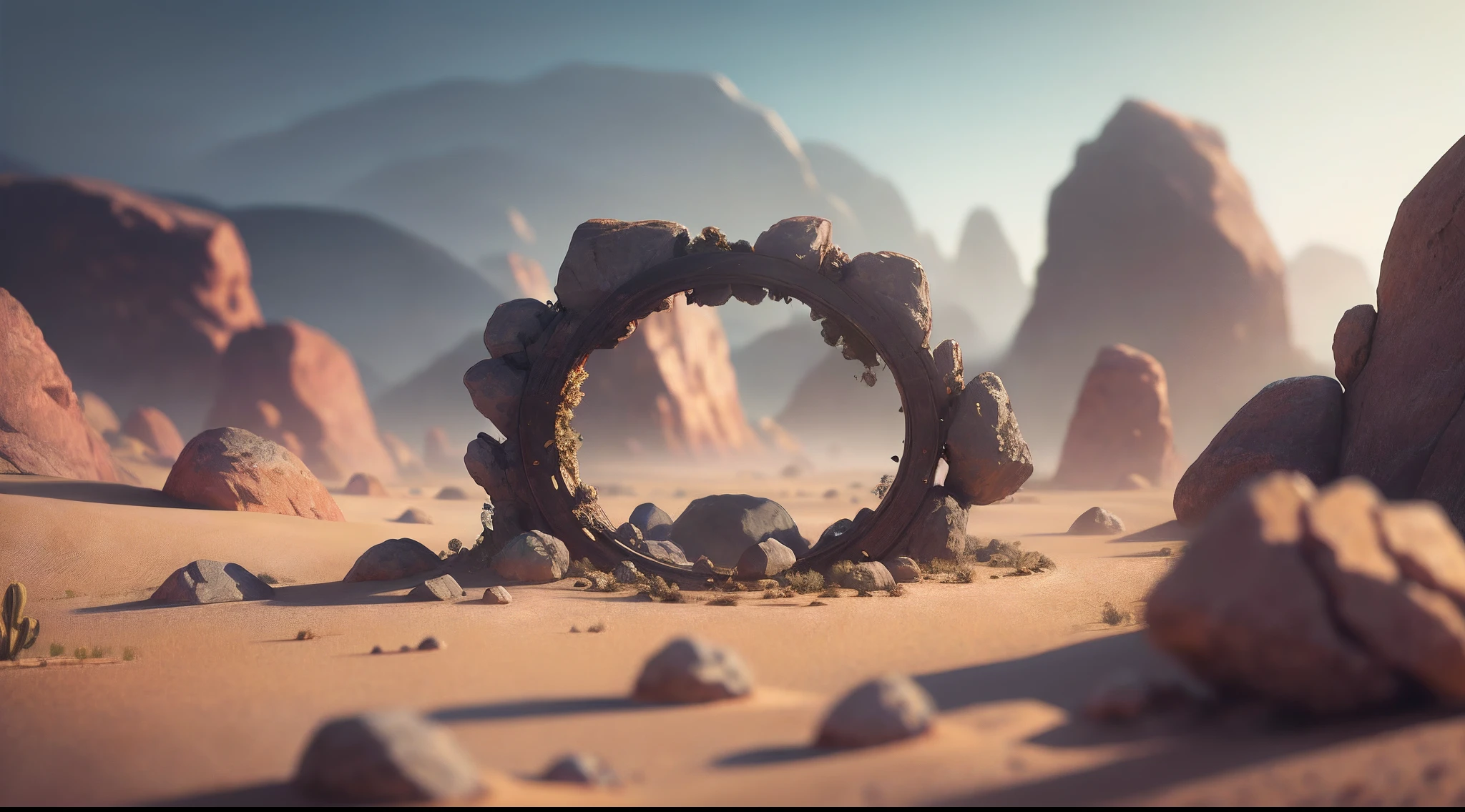 Fantasy Desert, Desert Mountain, Halo ring (Masterpiece, Best Quality, High Quality, Highres:1.4), Detailed, Extremely Detailed, Ambient Soft Lighting, 4K,Blurry, Blurry Background, Depth of Field, Bokeh, DOF, Fog, Bloom Outdoors, (Nature, fantasy Desert:1.2), (Rocks:1.2),