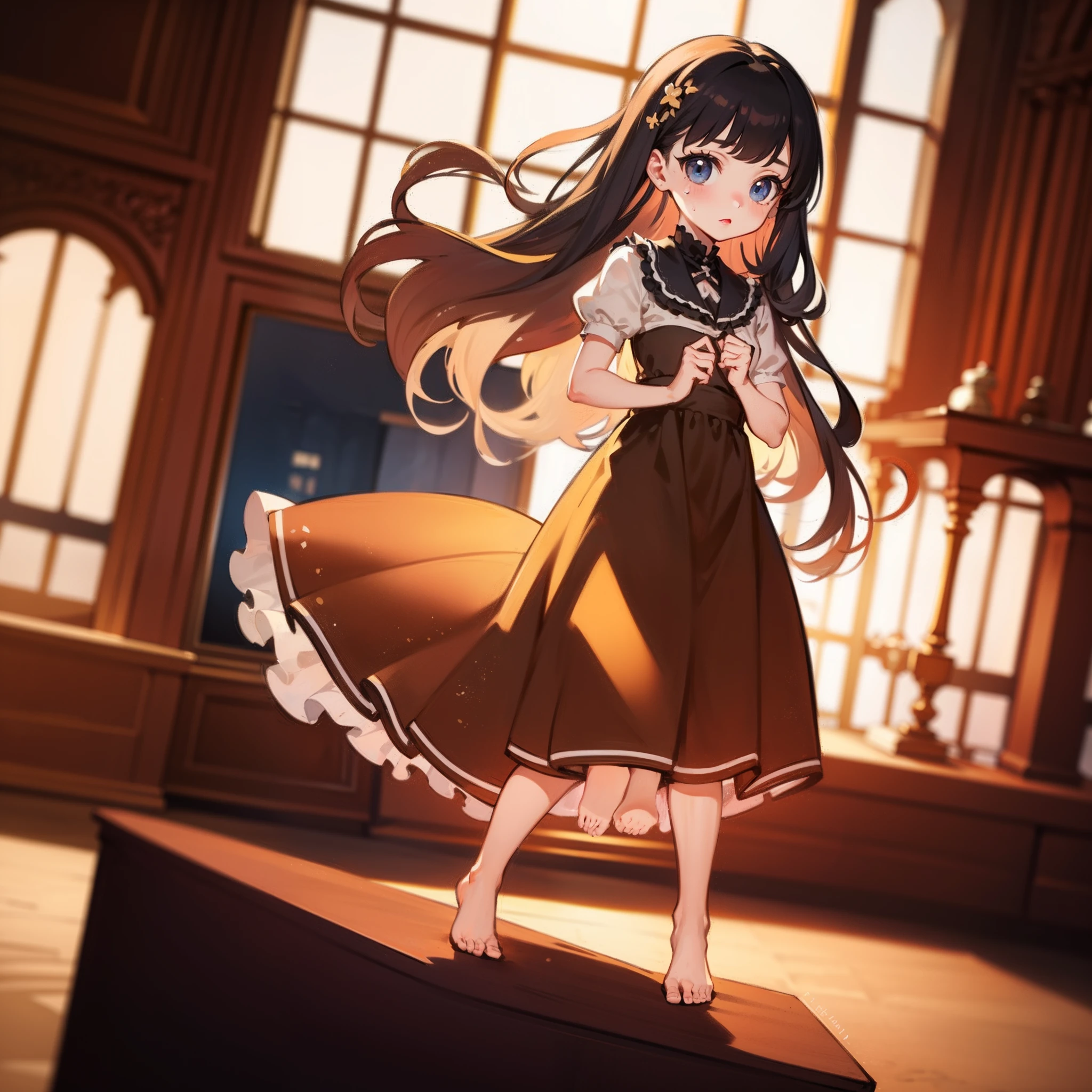 very cute female child:1.1,10 yo,action:1.6,Gothic Lolita cloth:1.8,dutch angle shot,dynamic angle:1.6,ground-level shot,low angle,full body shot,medium shot,Barefoot,livingroom:1.5,Summer,day, Long hair,flat chest,Wind,Drooping sweat:1.1,(4K), (Raw photo: 1.2), (Realism: 1.4), (masutepiece: 1.3), (exquisite detailing: 1.2), Delicate and beautiful details, (Eye Detail), (Facial Detailed), (Highest Quality) :1.4), (Hyper-Resolution: 1.2),(very detailed illustration), Best Quality,depth of fields, Wide light, natural shadows