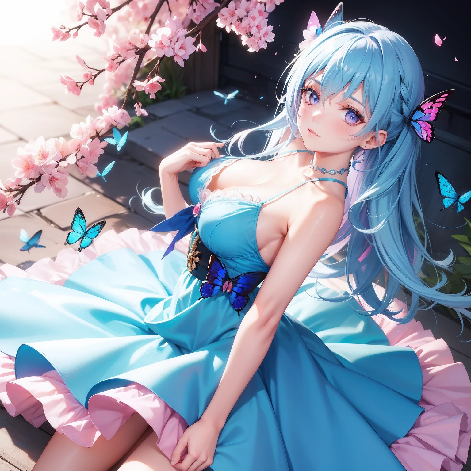 a women, blue butterfly, blue hair, pink eyes, pink dress