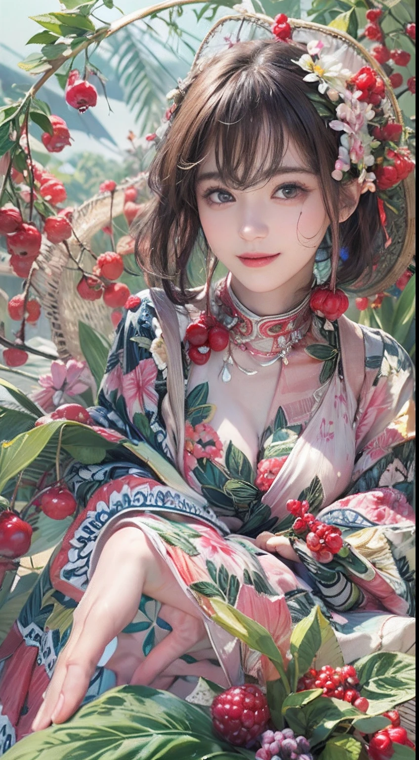 (Ultra detailed backgrounds、detailedbackground)、top-quality、top-quality、hentail realism、Unity、8k wallpaper、offcial art、Highly detailed CG unity 8k wallpaper、ultra - detailed、A high resolution、Physically-based rendering、ultra - detailed、absurderes、A high resolution、ultra - detailed、The is very detailed、1womanl、(Floral clothing)、(zentangle:1.2)、(fractals:1.2)、(Extremely colorful)、(brunette color hair、Berries - shorthair:1.3)、A slight smil,magnifica、finedetail、1girl in、Smile face、Slim face、Pretty lady、com rosto detalhado、A detailed eye、二重まぶた、Ultra-delicate skin、shiny skins、(E_Cups)、Blurred background、
