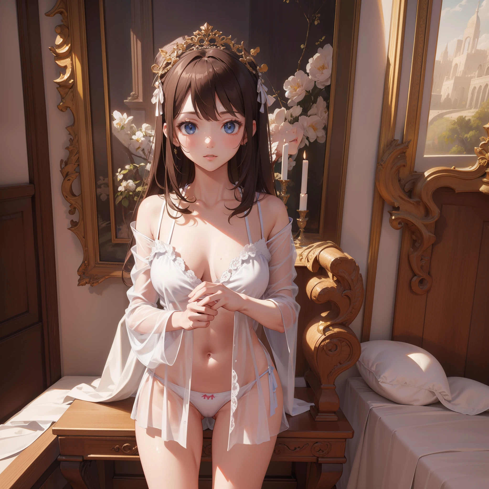 ​master piece,hyper quality, Hyper Detailed,Perfect drawing,。.3D,8K Illustration、clearface、Hi-Res、Luxury underwear、Beautiful panties、nice background、beatiful backgrounds、Detailed drawing、Perfect Beautiful Girl、Perfect Photo、emotional、Luxury、spot light、Brown hair、