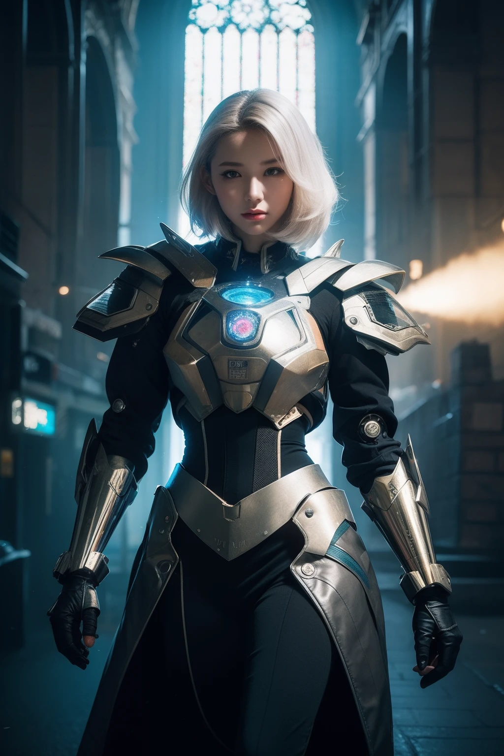 best quality,masterpiece,realistic,Bokeh,1girl,cinematic_lighting,lens_flare,reality_ray_tracing,fantasyArt,Kinetic Art,cinematic,cyberpunk,DigitalArt,absurdres,incredibly_absurdres,official_style,white skin,mecha musume,cyborg,gradient hair,one side up,cathedral,8  Bit  Game,Magic  Vortex,cowboy_shot,adjusting gloves,