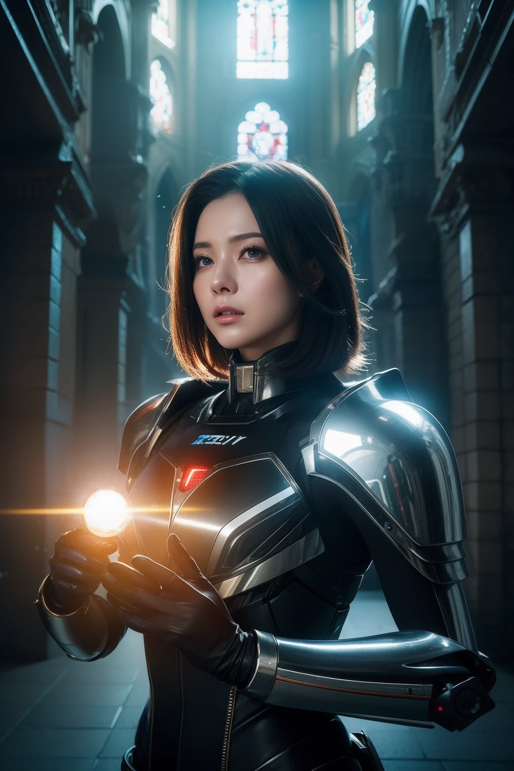 best quality,masterpiece,realistic,Bokeh,1girl,cinematic_lighting,lens_flare,reality_ray_tracing,fantasyArt,Kinetic Art,cinematic,cyberpunk,DigitalArt,absurdres,incredibly_absurdres,official_style,white skin,mecha musume,cyborg,gradient hair,one side up,cathedral,8  Bit  Game,Magic  Vortex,cowboy_shot,adjusting gloves,