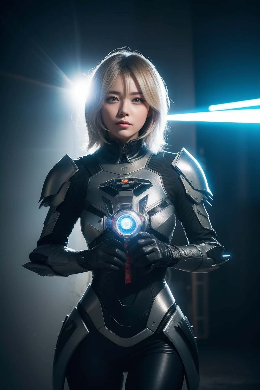 best quality,masterpiece,realistic,Bokeh,1girl,cinematic_lighting,lens_flare,reality_ray_tracing,fantasyArt,Kinetic Art,cinematic,cyberpunk,DigitalArt,absurdres,incredibly_absurdres,official_style,white skin,mecha musume,cyborg,gradient hair,one side up,cathedral,8 Bit Game,Magic Vortex,cowboy_shot,adjusting gloves,