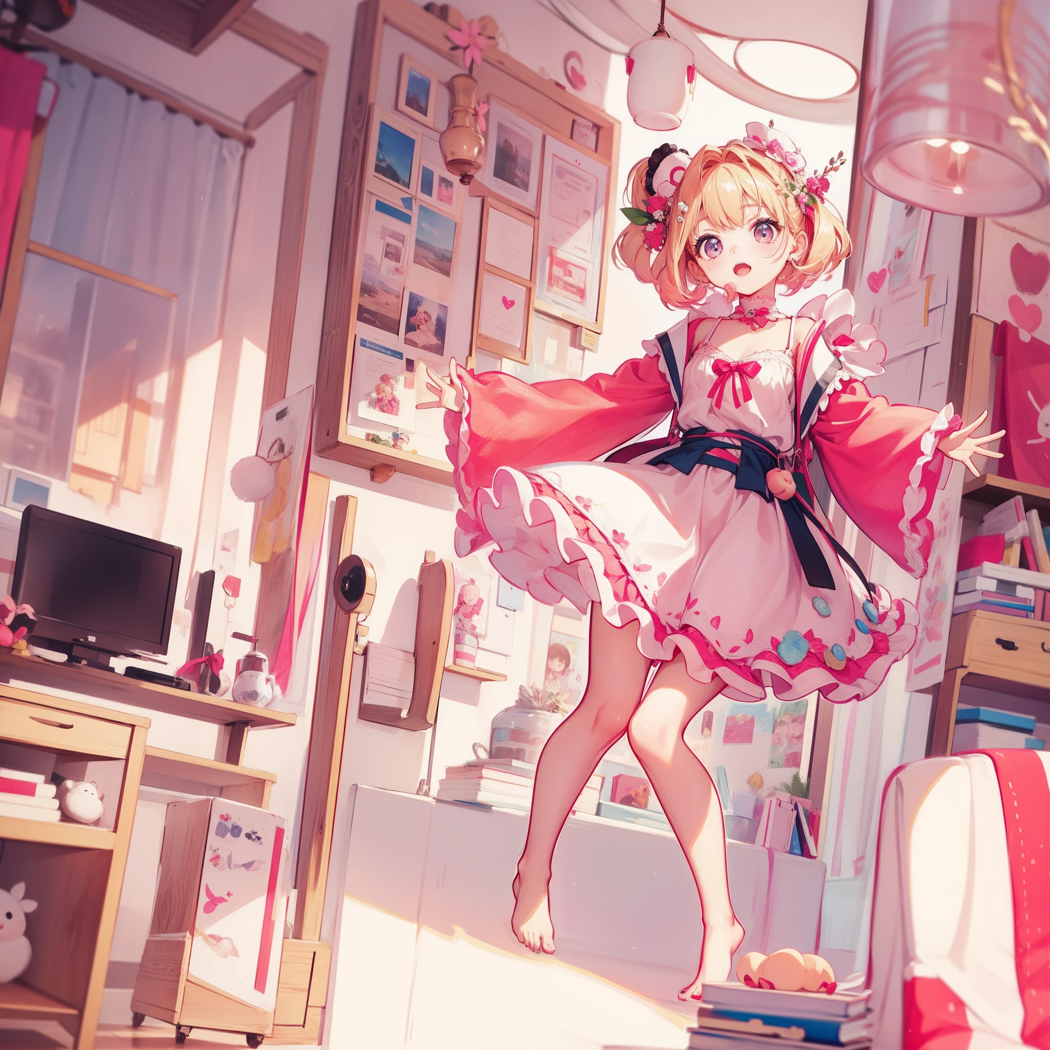 very cute female :1.5,10 yo,Clothes with peach-colored ruffles:1.8, Barefoot, Summer,action:1.6,dynamic pose,dynamic angle,dutch angle shot,low angle,full body shot,medium shot,flat chest:1.5,nsfw:1.3, Cute PINK Living room:1.8,4K, (Raw photo: 1.2), (masutepiece: 1.3), (exquisite detailing: 1.2), Delicate and beautiful details, (Eye Detail), (Facial Detailed), (Highest Quality) :1.4), (Hyper-Resolution: 1.2),(very detailed illustration), Best Quality,depth of fields, Wide light, natural shadows