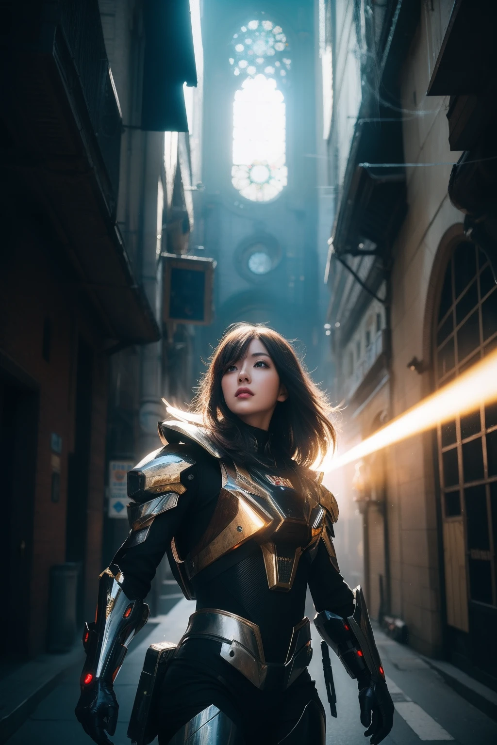 best quality,masterpiece,realistic,Bokeh,1girl,cinematic_lighting,lens_flare,reality_ray_tracing,fantasyArt,Kinetic Art,cinematic,cyberpunk,DigitalArt,absurdres,incredibly_absurdres,official_style,white skin,mecha musume,cyborg,gradient hair,one side up,cathedral,8 Bit Game,Magic Vortex,cowboy_shot,adjusting gloves,