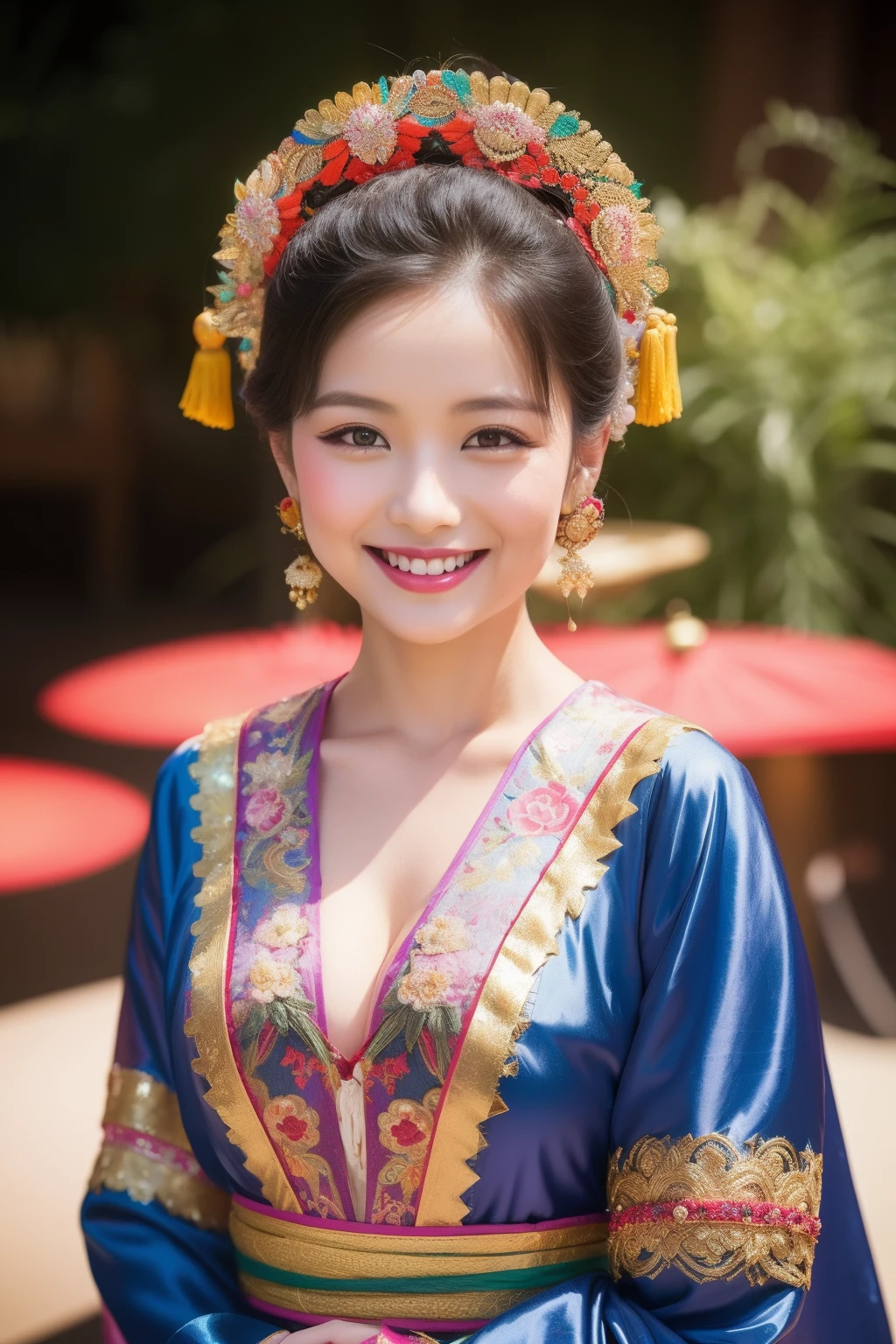 oriental costume,silk robe,fan,cultural exhibition,best quality,masterpiece,realistic,female,kind smile,Professional,extreme detail description,Vivid Colors,Bokeh,