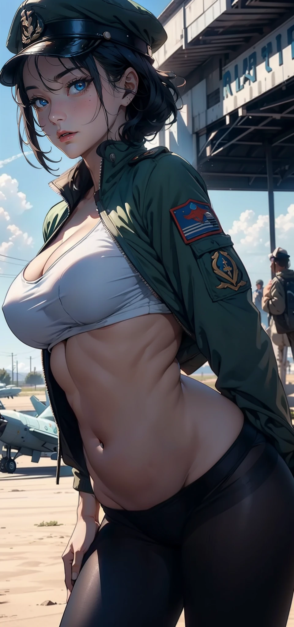 1female，35yo，plumw，extremely large bosom， solo，（Background with：A desert，aerodrome，Planes） She has very short blonde hair，bobo head，Stand on the plane，，seen from the front， hair straight， mostly cloudy sky，（（（tmasterpiece），（Very detailed CG unity 8K wallpaper），best qualtiy，cinmatic lighting，detailed back ground，beatiful detailed eyes，Bright pupils，Blue eyes，（Very fine and beautiful），（Beautiful and detailed eye description），ultra - detailed，tmasterpiece，）），facing at camera，A high resolution，ultra - detailed），revealing breasts，Bare genitals，  Bulge，legs are open，Raised sexy，Camel toes，Flushed complexion，Desire for dissatisfaction，frontage，us airforce，Aviator，military hat（Wearing：Dark green baseball jacket，Black pantyhose，Bare breasts）