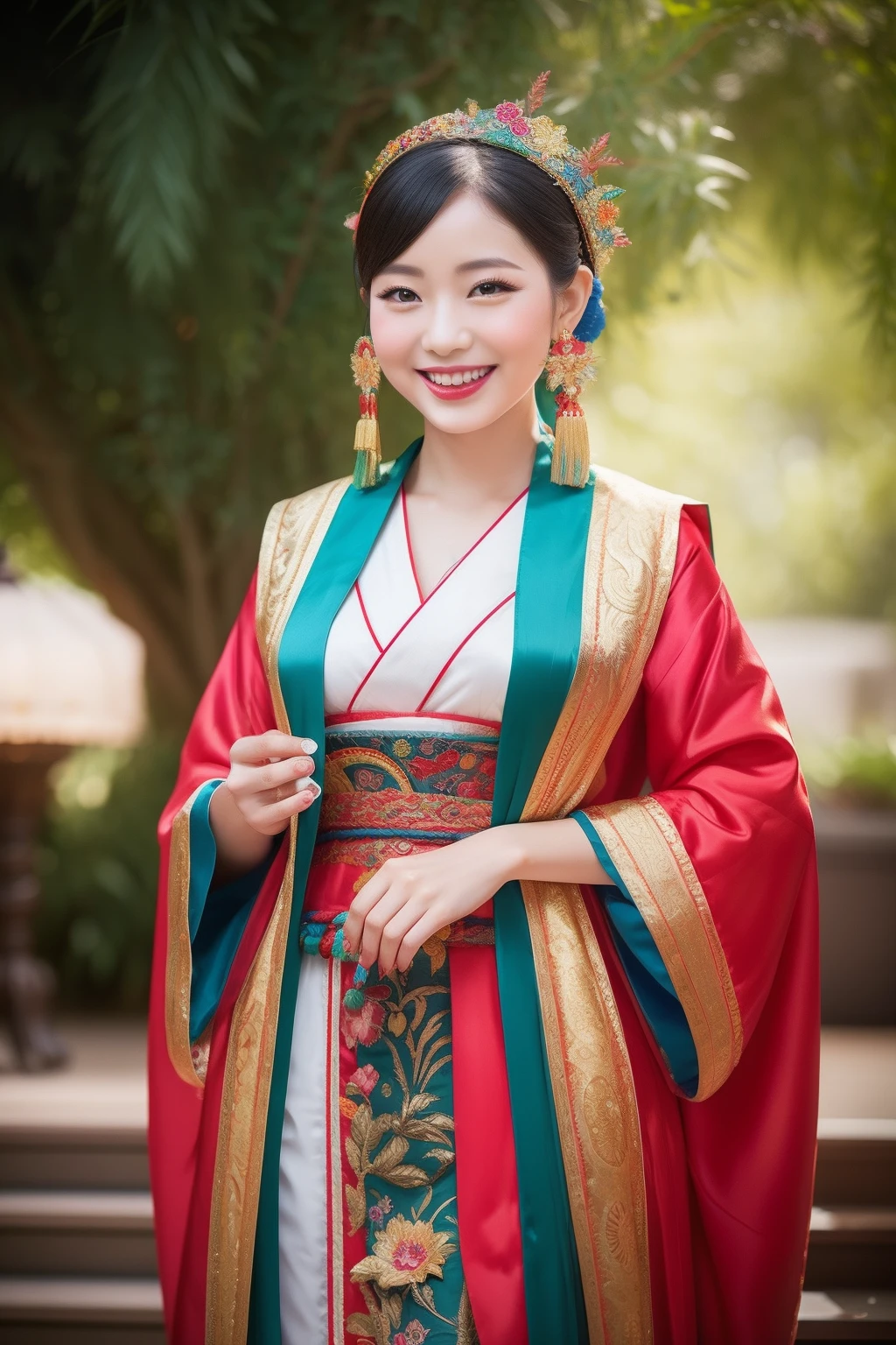 oriental costume,silk robe,fan,cultural exhibition,best quality,masterpiece,realistic,female,kind smile,Professional,extreme detail description,Vivid Colors,Bokeh,