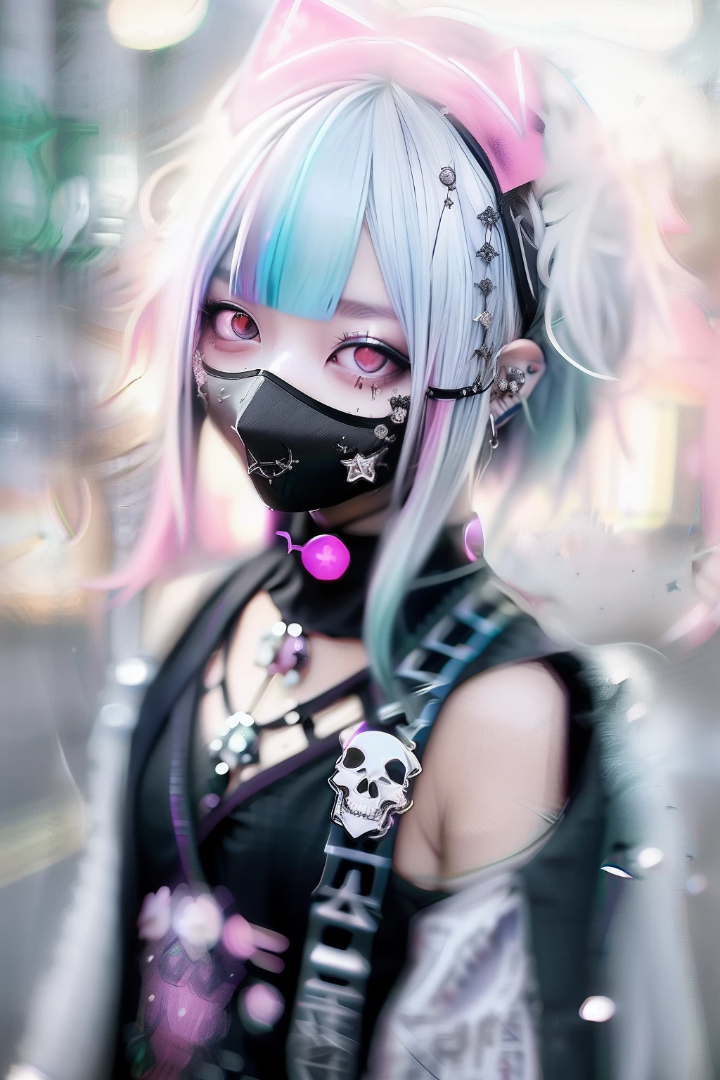 skull、☠️、Green hair color、❤️、Pink hair、blue hairs、Colorful Hair Color、goth_punk, 1girl in, 独奏, medium shot, Walking in Harajuku, ((during night)), bokeh dof, Neon light, Iridescent eyes, starrysky, White shiny hair, White eyebrows, Radiant hair, (iridescent white hair), 耳Nipple Ring, bangss, jewely, masks, bluntbangs, verd s eyes, Mouth mask, blurry backround, bblurry, hair adornments, Look at viewers, shorth hair, portraitures, side locks