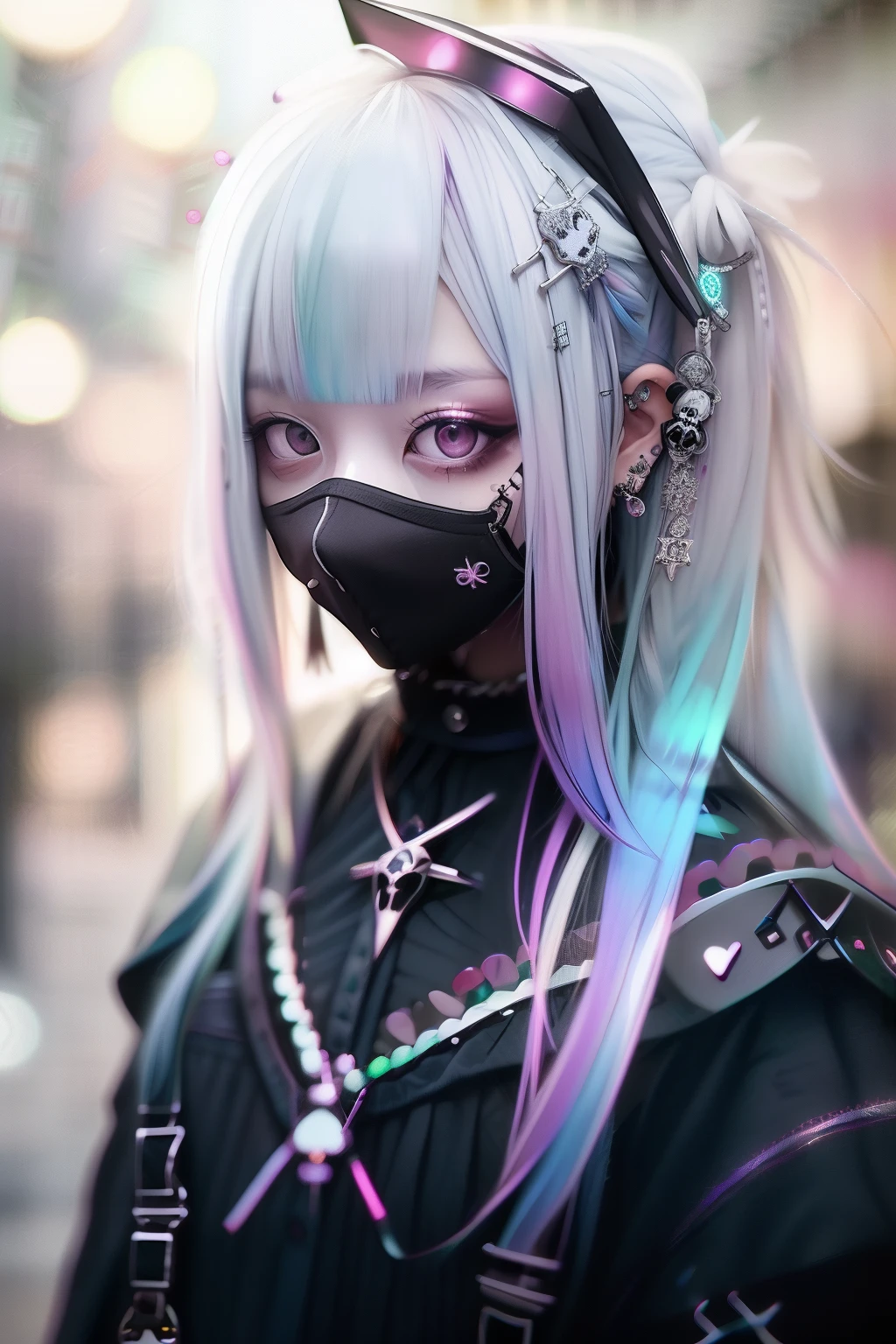 skull、☠️、Green hair color、❤️、Pink hair、blue hairs、Colorful Hair Color、goth_punk, 1girl in, 独奏, medium shot, Walking in Harajuku, ((during night)), bokeh dof, Neon light, Iridescent eyes, starrysky, White shiny hair, White eyebrows, Radiant hair, (iridescent white hair), 耳Nipple Ring, bangss, jewely, masks, bluntbangs, verd s eyes, Mouth mask, blurry backround, bblurry, hair adornments, Look at viewers, shorth hair, portraitures, side locks