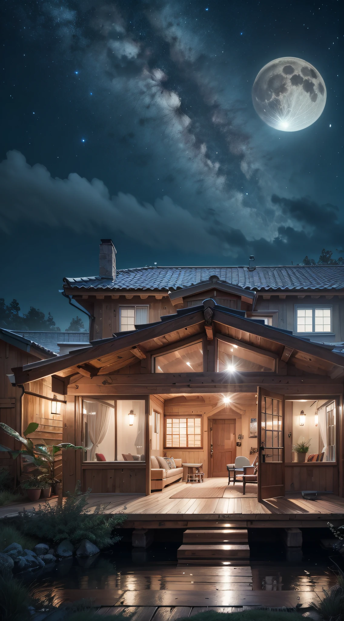 Rustic style house 01st floor, On the edge of a cliff, Tempered glass balcony and windows, Ofuro with a wooden deck at the bottom of the house. Night environment, fullmoon, Starry sky, Sea background, interior architecture, Cinematic lighting, three sided view, wide angles, nffsw, nffsw, nffsw, High quality, Best Quality