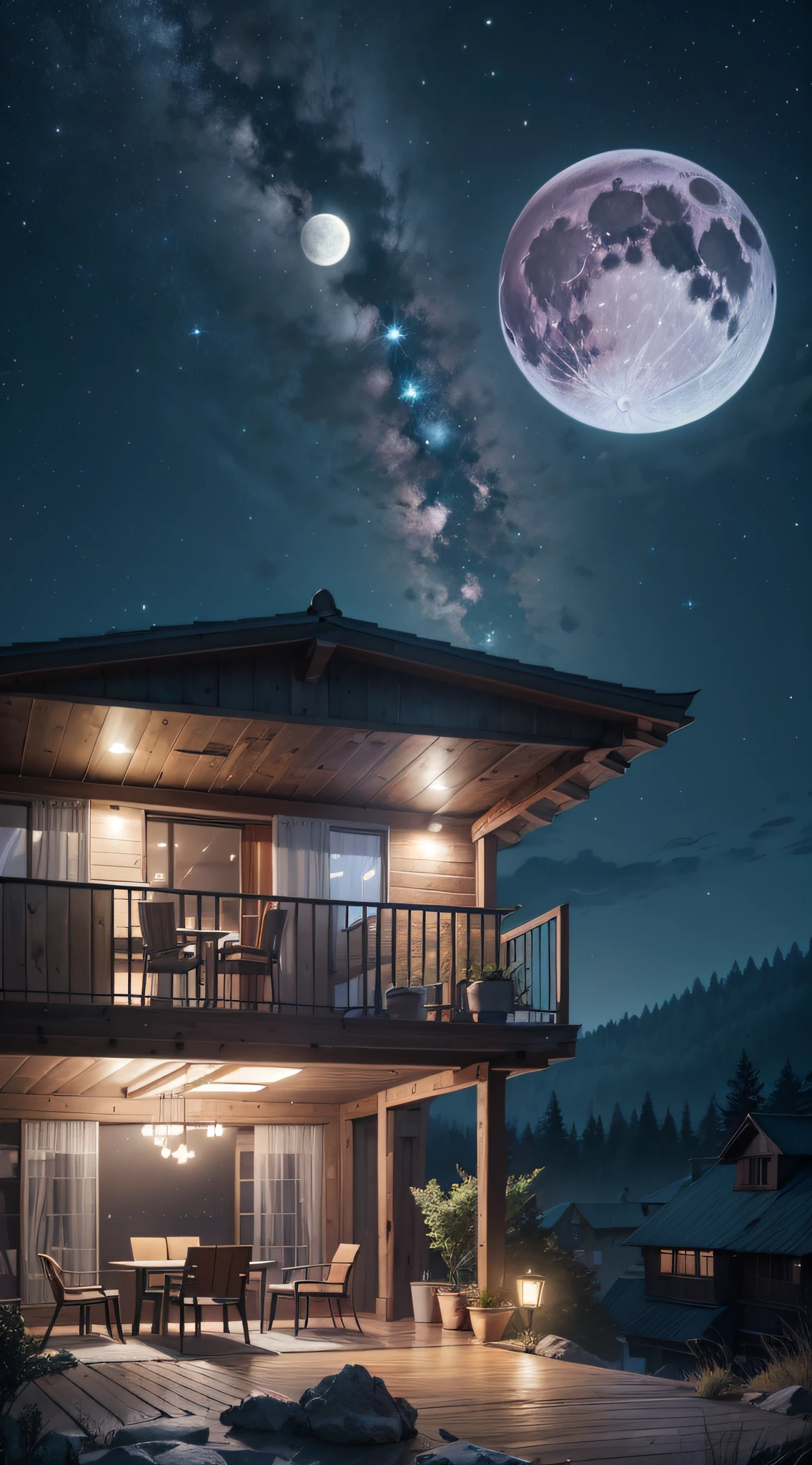Rustic style house 01st floor, On the edge of a cliff, Tempered glass balcony and windows, Ofuro with a wooden deck at the bottom of the house. Night environment, fullmoon, Starry sky, Sea background, interior architecture, Cinematic lighting, three sided view, wide angles, nffsw, nffsw, nffsw, High quality, Best Quality