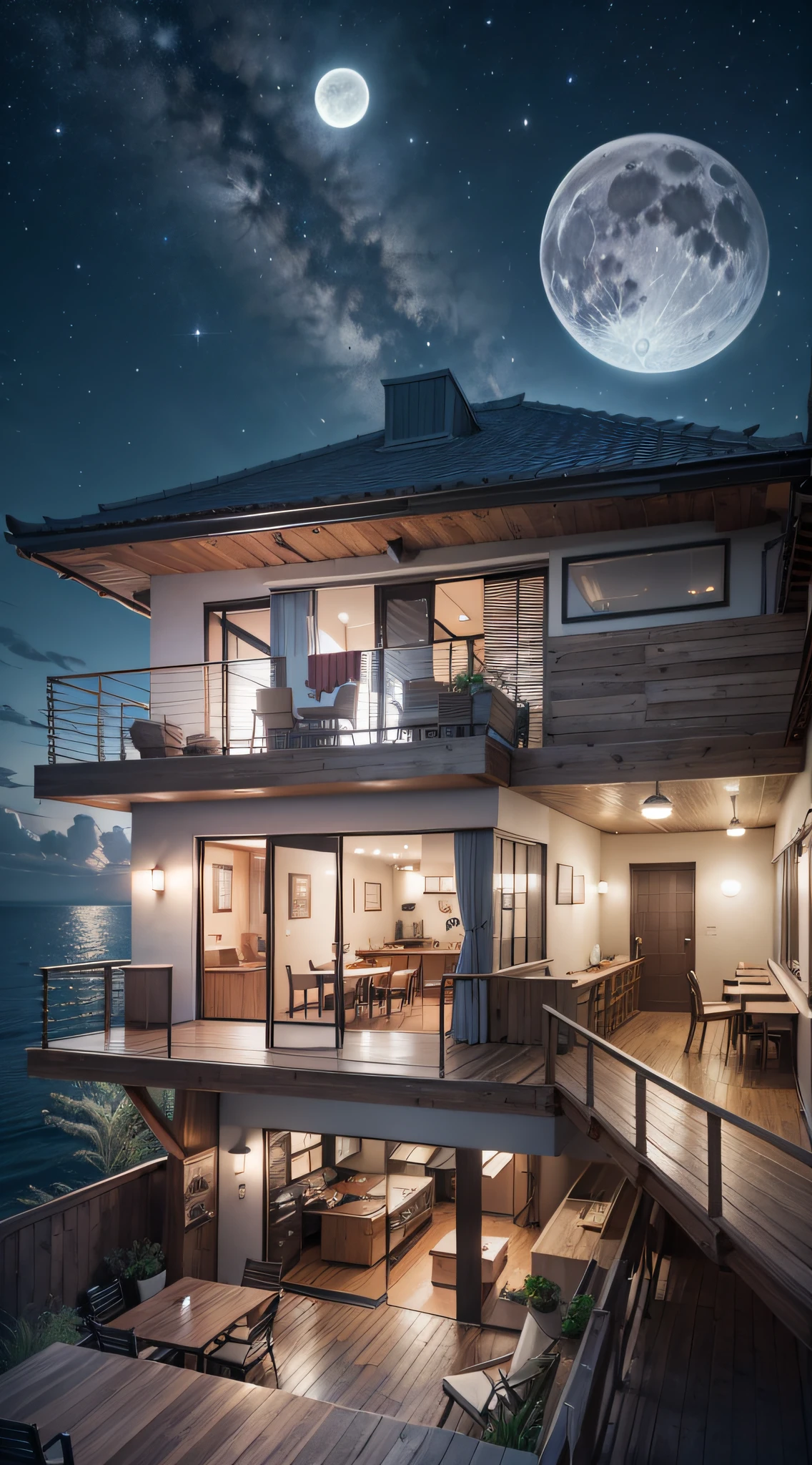 Rustic style house 01st floor, On the edge of a cliff, Tempered glass balcony and windows, Ofuro with a wooden deck at the bottom of the house. Night environment, fullmoon, Starry sky, Sea background, interior architecture, Cinematic lighting, three sided view, wide angles, nffsw, nffsw, nffsw, High quality, Best Quality