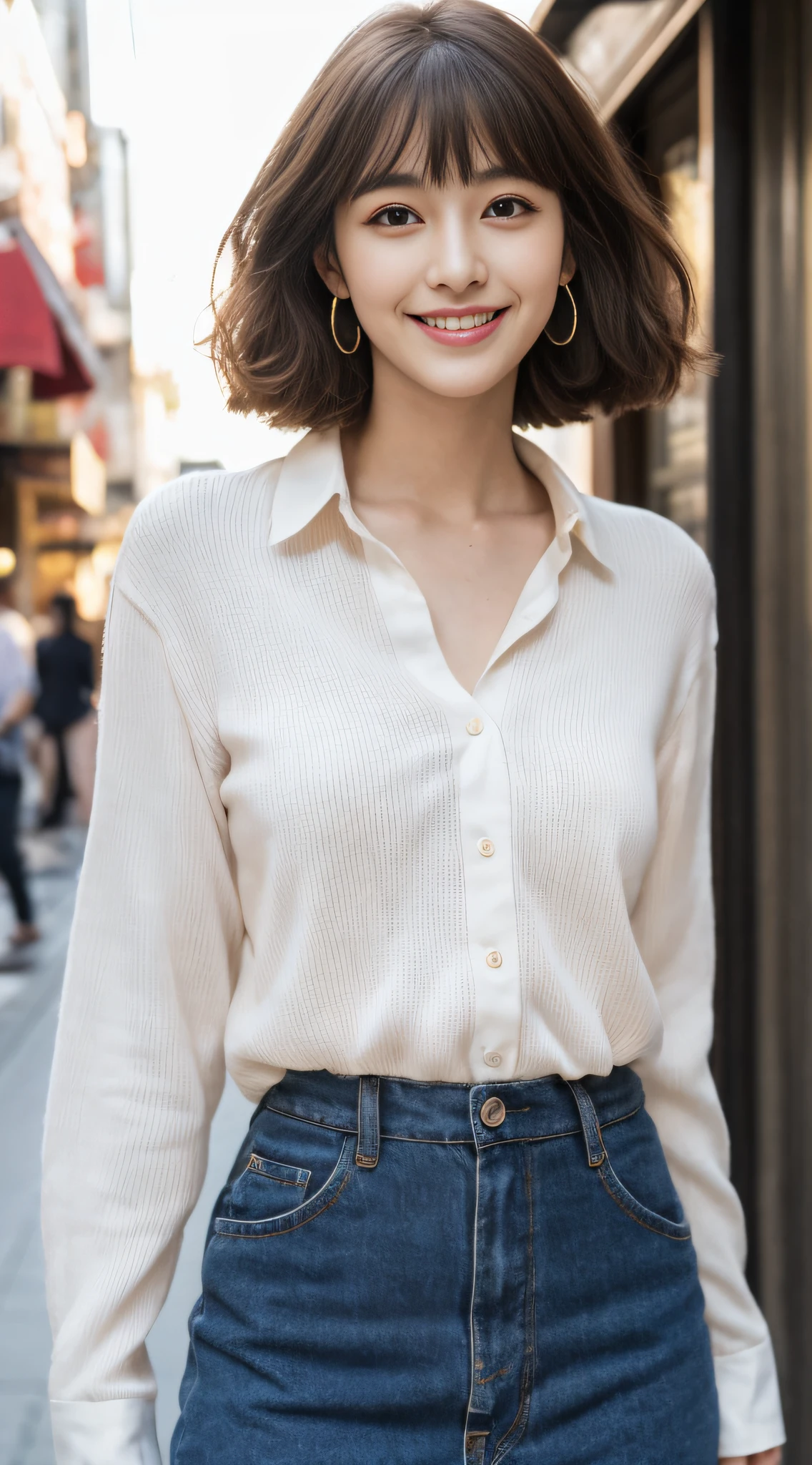 (8k, RAW photos, top quality, masterpiece: 1.2), ultra detailed, super resolution, (real, real photos: 1.37), portraits, high definition RAW color photos, professional photos, very detailed and beautiful, highly detailed, 8k wallpapers, amazing details, huge file size, official art, highly detailed CG Unity 8k wallpapers, highly detailed beautiful girls, highly detailed facesHighly detailed eyes, highly detailed skin, highly detailed fingers, highly detailed nose, highly detailed mouth, perfect anatomy, highly detailed background, highly detailed clothing, one girl, (18:1.2), , cute girl, famous Japan idol, cute, realistic body, petite, white skin, radiant skin, slim body, handsome body, brown hair, short curly hair, (blunt bangs: 1.2) , smile, cute, youthful, pretty face, realistic face, delicate eyes, sagging eyes, white shirt, skirt, earrings, camera gaze, cowboy shot, front-facing, standing, contrappost, high street, dynamic lighting,