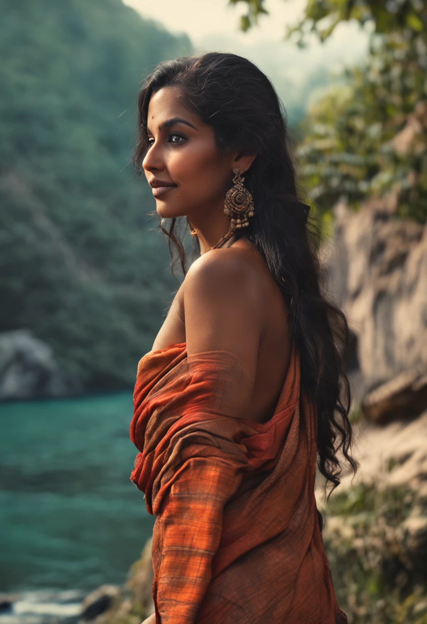 (Indian girl), natural Breast, (realistic, photo-realistic), smile, nature, outdoors, travelling