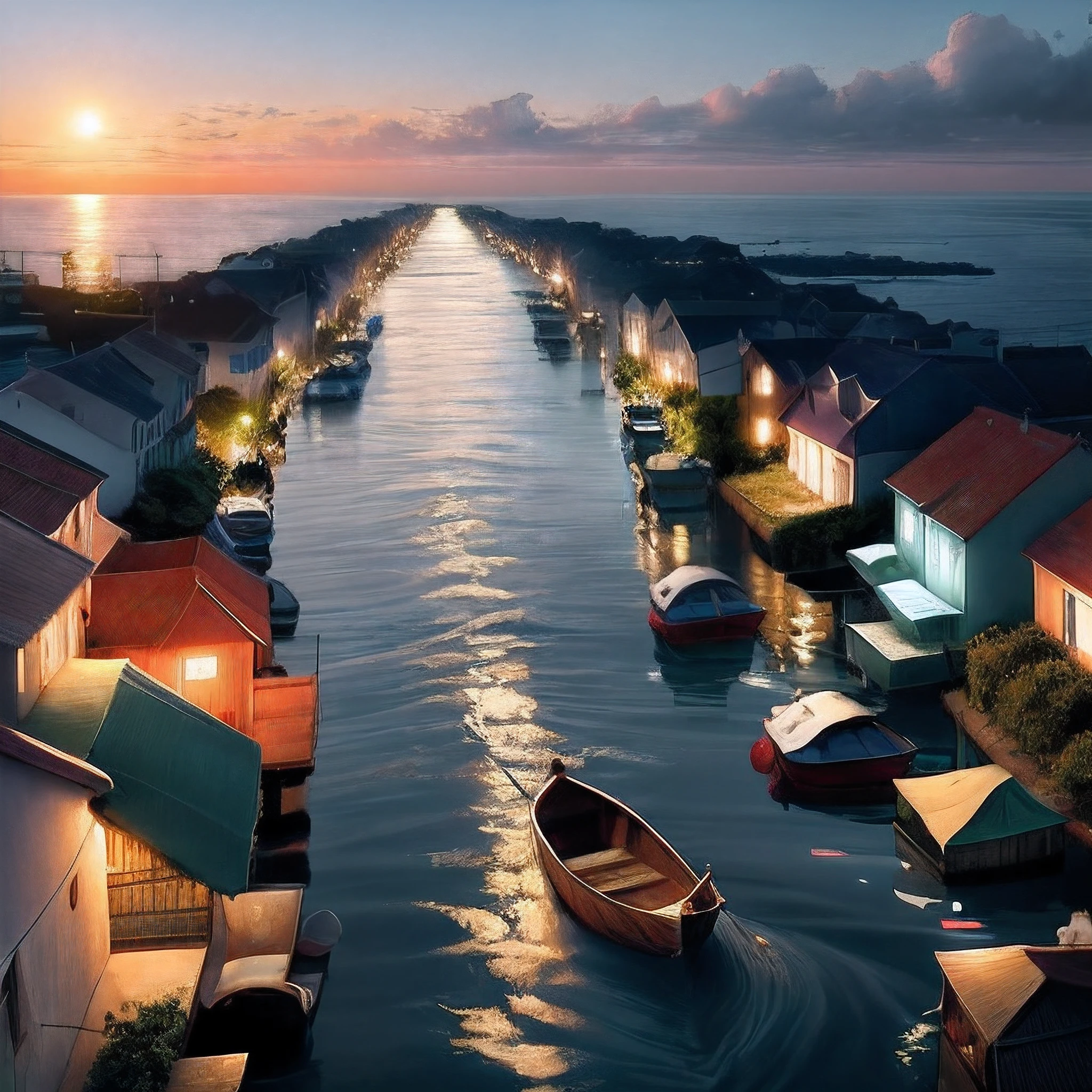 evening light,the ocean,A city in the sea,Flooded streets,small boats, hdr, cinematic, a boy sitting on boat with a dog