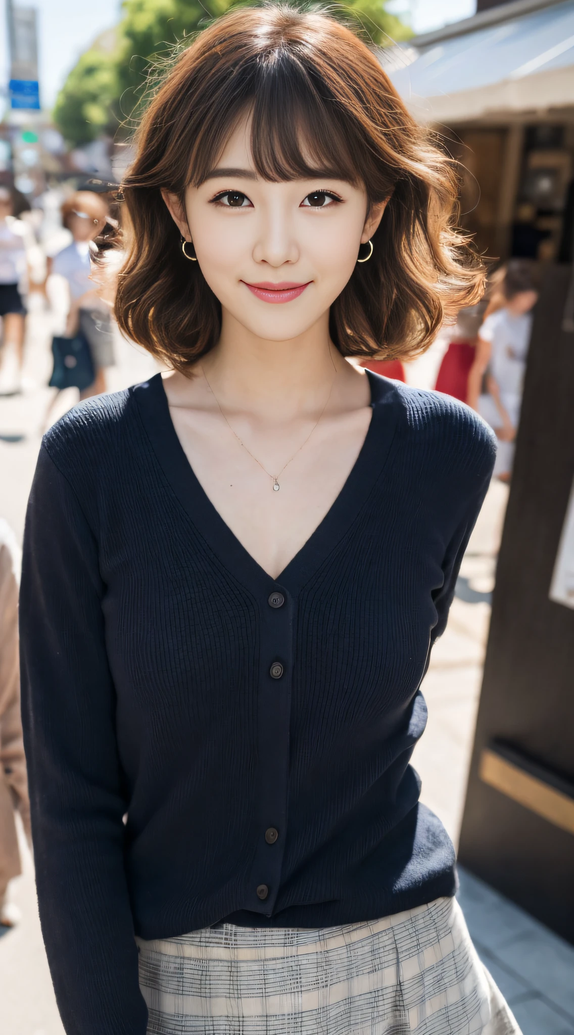 (8k, RAW photos, top quality, masterpiece: 1.2), ultra detailed, super resolution, (real, real photos: 1.37), portraits, high definition RAW color photos, professional photos, very detailed and beautiful, highly detailed, 8k wallpapers, amazing details, huge file size, official art, highly detailed CG Unity 8k wallpapers, highly detailed beautiful girls, highly detailed facesHighly detailed eyes, highly detailed skin, highly detailed fingers, highly detailed nose, highly detailed mouth, perfect anatomy, highly detailed background, highly detailed clothing, one girl, (18:1.2), , cute girl, famous Japan idol, cute, realistic body, petite, white skin, radiant skin, slim body, handsome body, brown hair, short curly hair, (blunt bangs: 1.2) , smile, cute, youthful, pretty face, realistic face, delicate eyes, sagging eyes, white shirt, skirt, earrings, camera gaze, cowboy shot, front-facing, standing, contrappost, high street, dynamic lighting,
