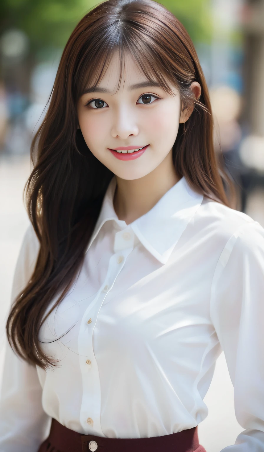 top-quality、Top image quality、tmasterpiece、Full body photo、18-year-old female, tall female high school student、White short sleeve stand collar shirt、、Low cost、dark brown hair、curlies、mid - length hair、through bangs、、Medium milk, cute smiling face、、Full body photo