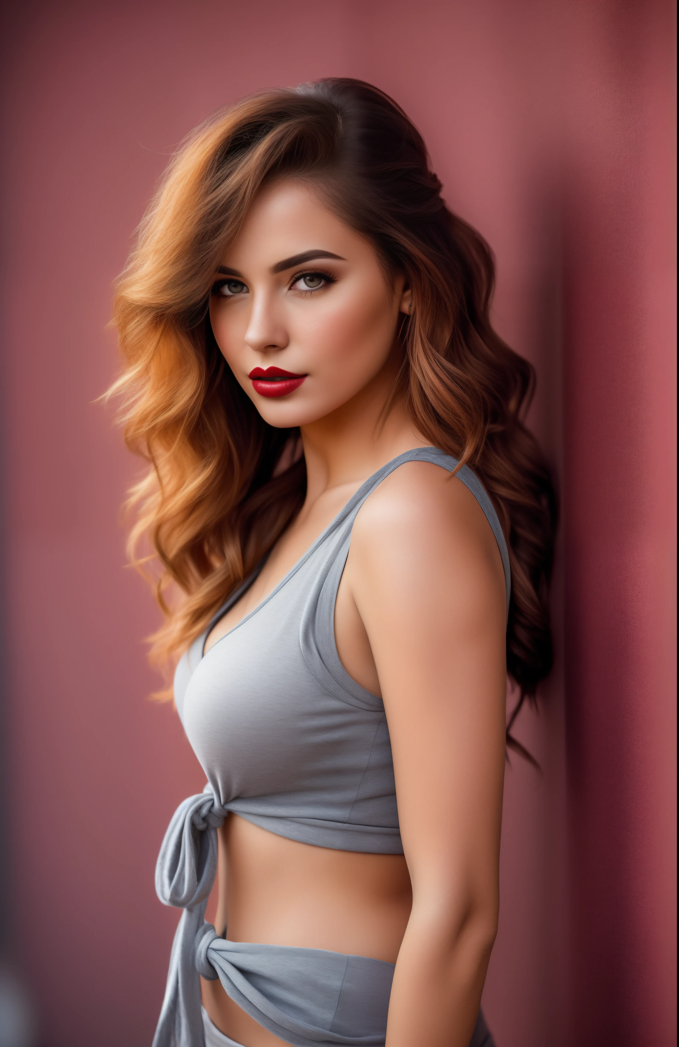 ((realistic skin texture, full body)), alluring caucasic woman using lipstick, tank top casual outfit, ((ginger tied up mid hair)), cute pose looking away, huge hooters, ((best quality, best quality, realistic photography)), ((masterpiece)),(full head on frame))