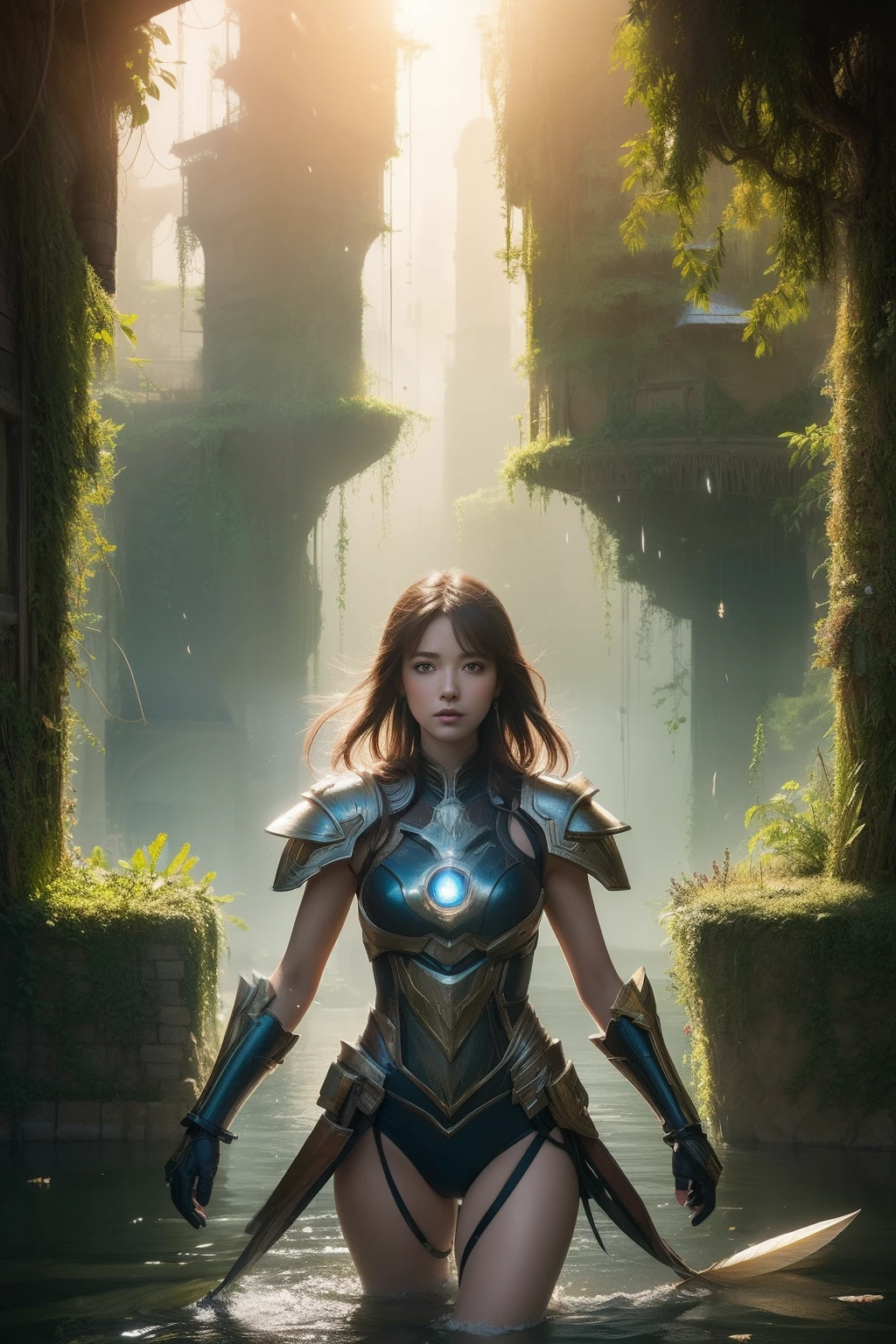 best quality,masterpiece,realistic,Professional,Vivid Colors,ultra-fine painting,portrait,Anime,Photographic,DigitalArt,fantasyArt,3D graphics,cinematic_lighting,strong_rim_light,rim light,ambient_light,Tyndall effect,moody lighting,huge_filesize,real,female,mecha musume,cyborg,highleg_swimsuit,japanese_armor,one side up,shushing,remains,rubble_ruins,(extremely detailed CG unity 8k wallpaper),(((masterpiece))),(((best quality))),((ultra-detailed)),(best illustration),(best shadow),((an extremely delicate and beautiful)),dynamic angle,floating,fairyland,dynamic angle,sea of flowers,beautiful detailed garden,wind,classic,spring,(detailed light),feather,nature,(sunlight),river,forest,(((floating palace))),((the best building)),beautiful and delicate water,(painting),(sketch),(bloom),(shine),